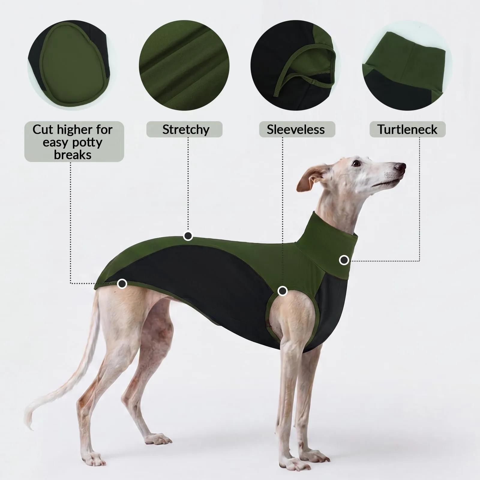 Vestiti da levriero italiano, traspirante, primavera/estate, abbigliamento sportivo, pullover whippet, pigiama a due gambe, dolcevita, camicia per cani, comodo (verde militare, XS) - immagine 4