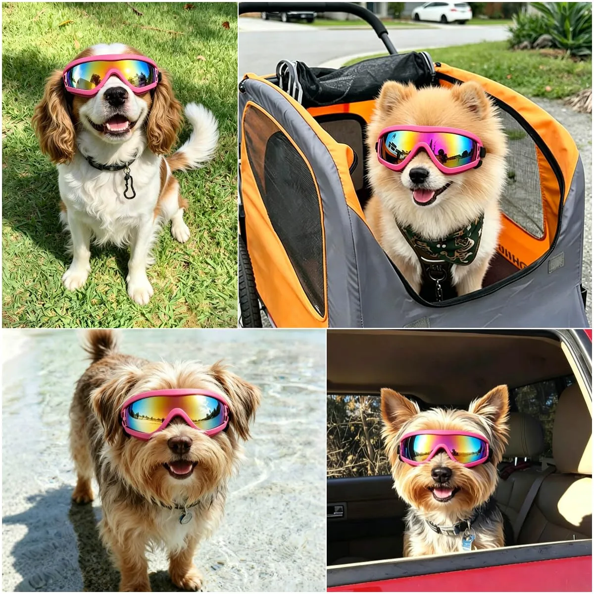 Occhiali da moto per cani di piccola taglia, anti-UV, antivento, con fascia elastica regolabile, occhiali da sole per cani di piccola taglia, rosa, S - immagine 2