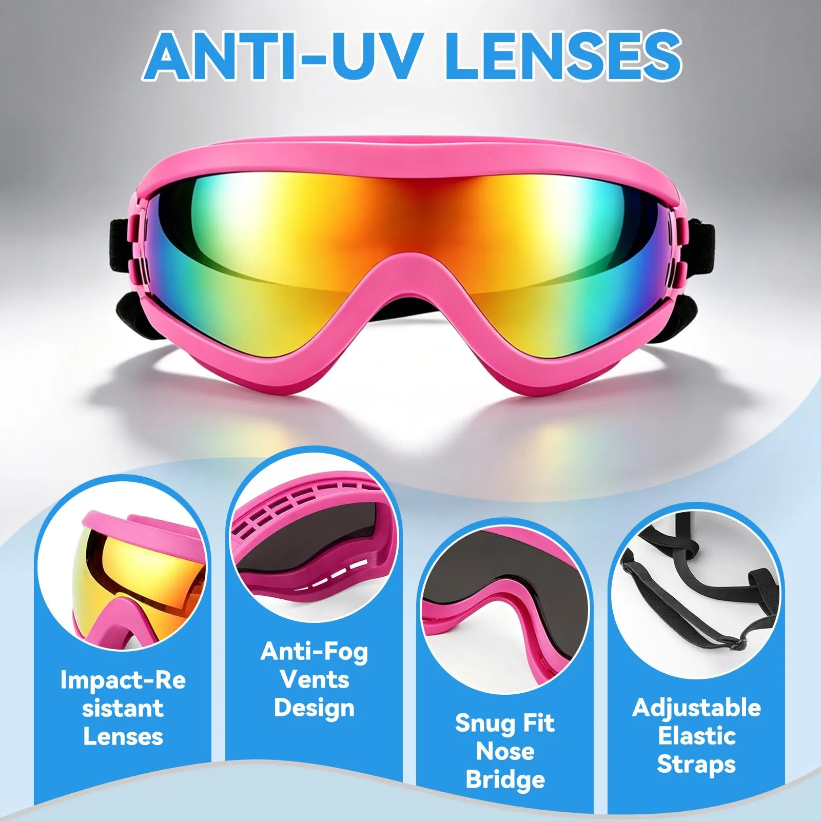 Occhiali da moto per cani di piccola taglia, anti-UV, antivento, con fascia elastica regolabile, occhiali da sole per cani di piccola taglia, rosa, S - immagine 4