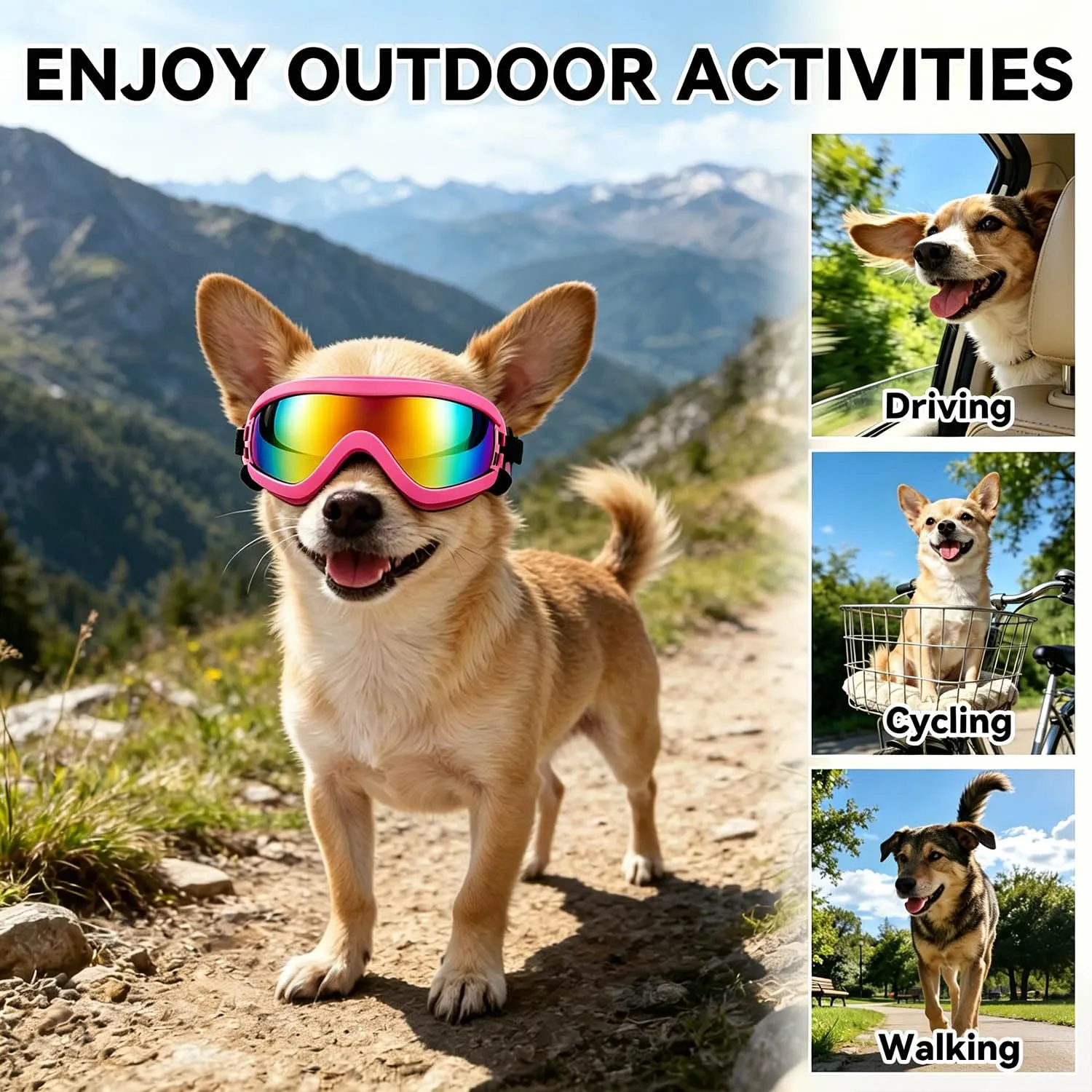 Occhiali da moto per cani di piccola taglia, anti-UV, antivento, con fascia elastica regolabile, occhiali da sole per cani di piccola taglia, rosa, S - immagine 5