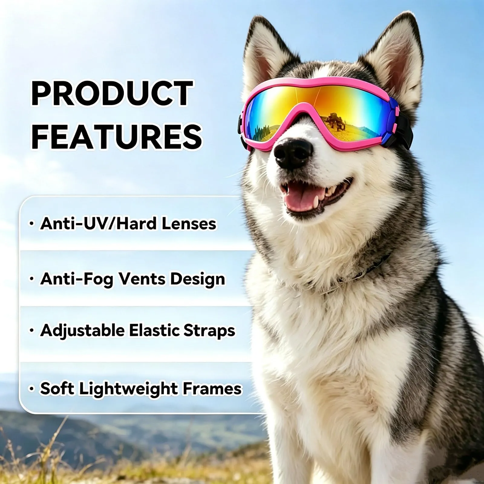 Occhiali da moto per cani con fascia elastica regolabile, anti-UV, antivento, per cani di taglia grande, rosa, L - immagine 3