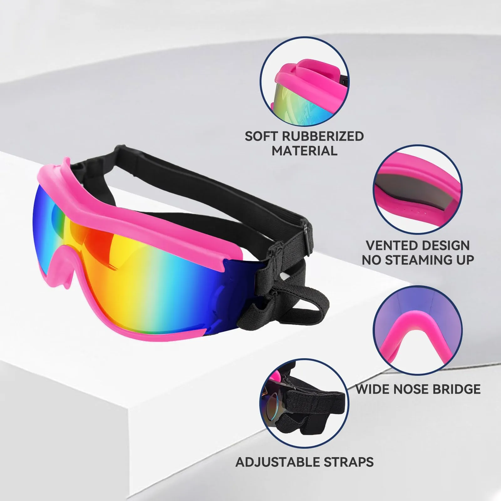 Occhiali da moto per cani con fascia elastica regolabile, anti-UV, antivento, per cani di taglia grande, rosa, L - immagine 4
