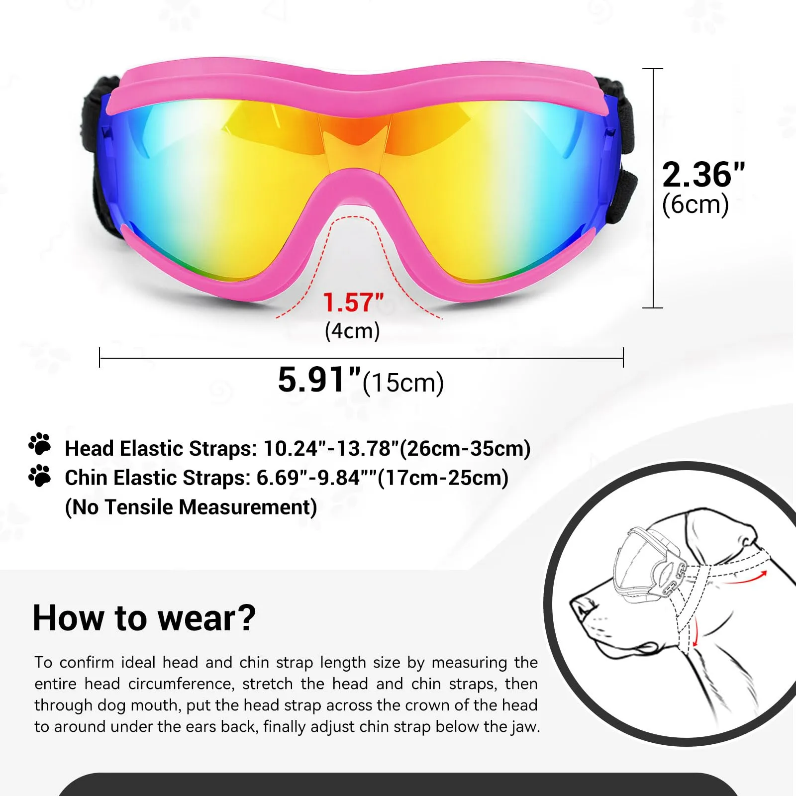 Occhiali da moto per cani con fascia elastica regolabile, anti-UV, antivento, per cani di taglia grande, rosa, L - immagine 6