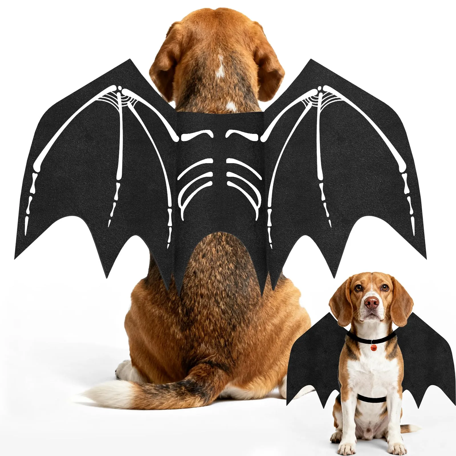 OLANRUN - Costume da Halloween per cani con ali da pipistrello regolabili per cani di taglia media con stampa di zucca e scheletro sulla schiena - Costume da Halloween per cani - immagine 1