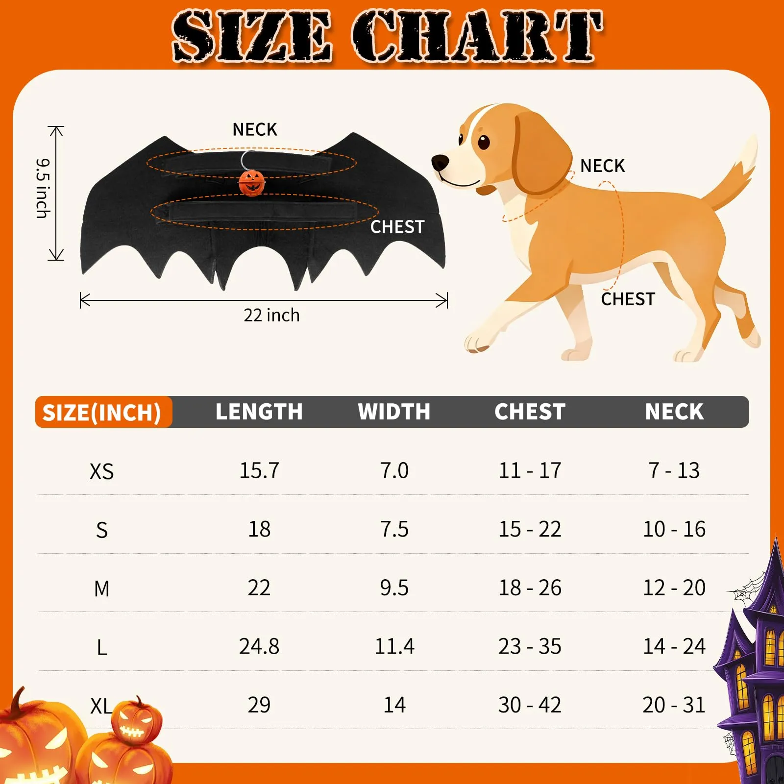 OLANRUN - Costume da Halloween per cani con ali da pipistrello regolabili per cani di taglia media con stampa di zucca e scheletro sulla schiena - Costume da Halloween per cani - immagine 2