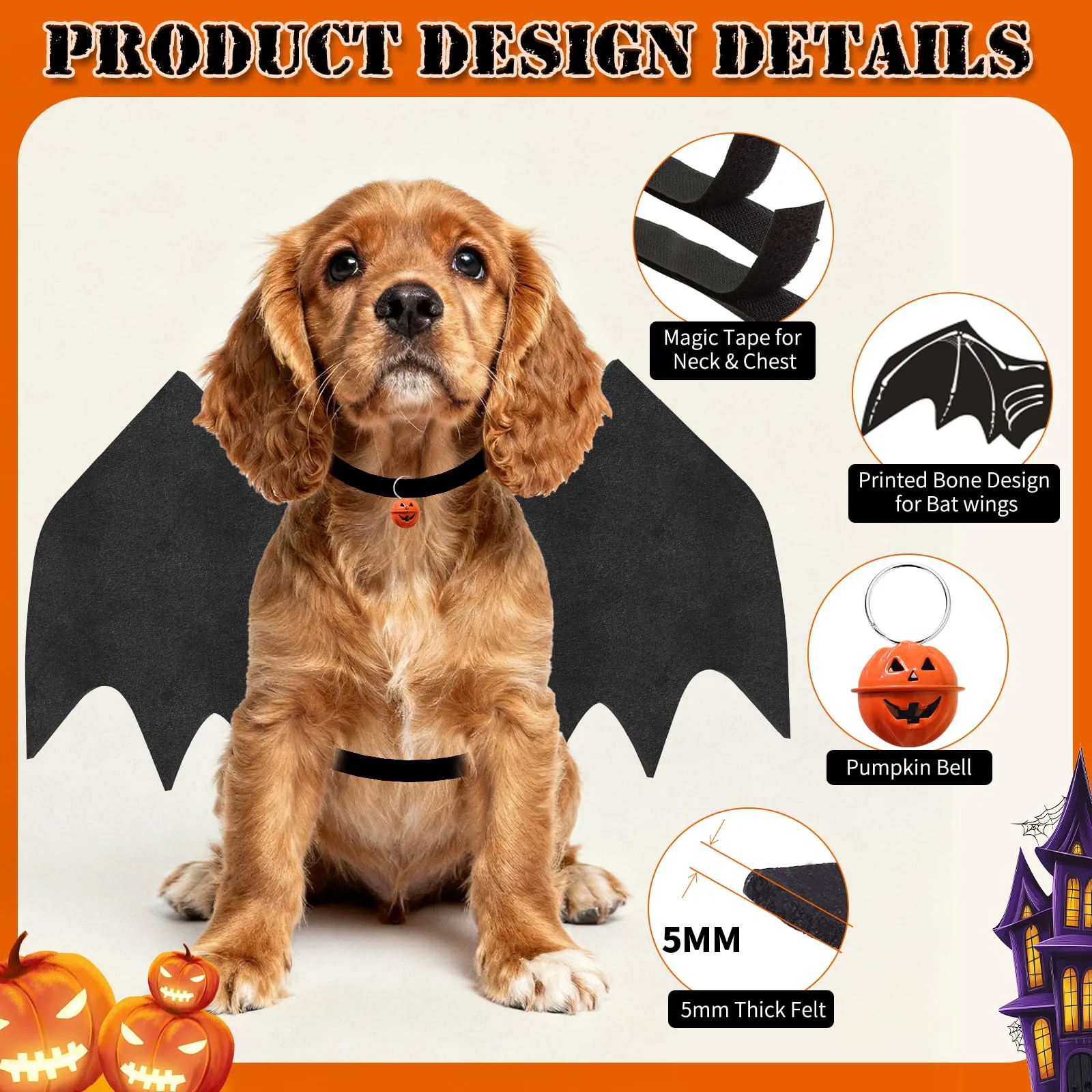 OLANRUN - Costume da Halloween per cani con ali da pipistrello regolabili per cani di taglia media con stampa di zucca e scheletro sulla schiena - Costume da Halloween per cani - immagine 3
