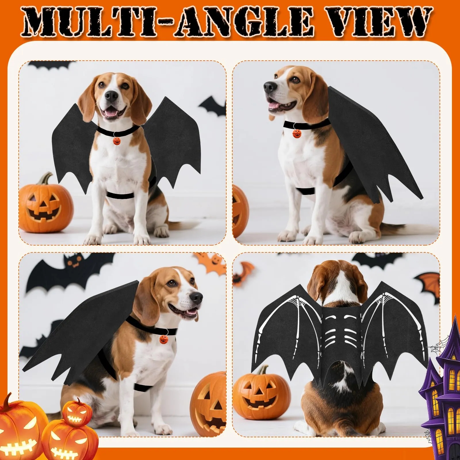 OLANRUN - Costume da Halloween per cani con ali da pipistrello regolabili per cani di taglia media con stampa di zucca e scheletro sulla schiena - Costume da Halloween per cani - immagine 4