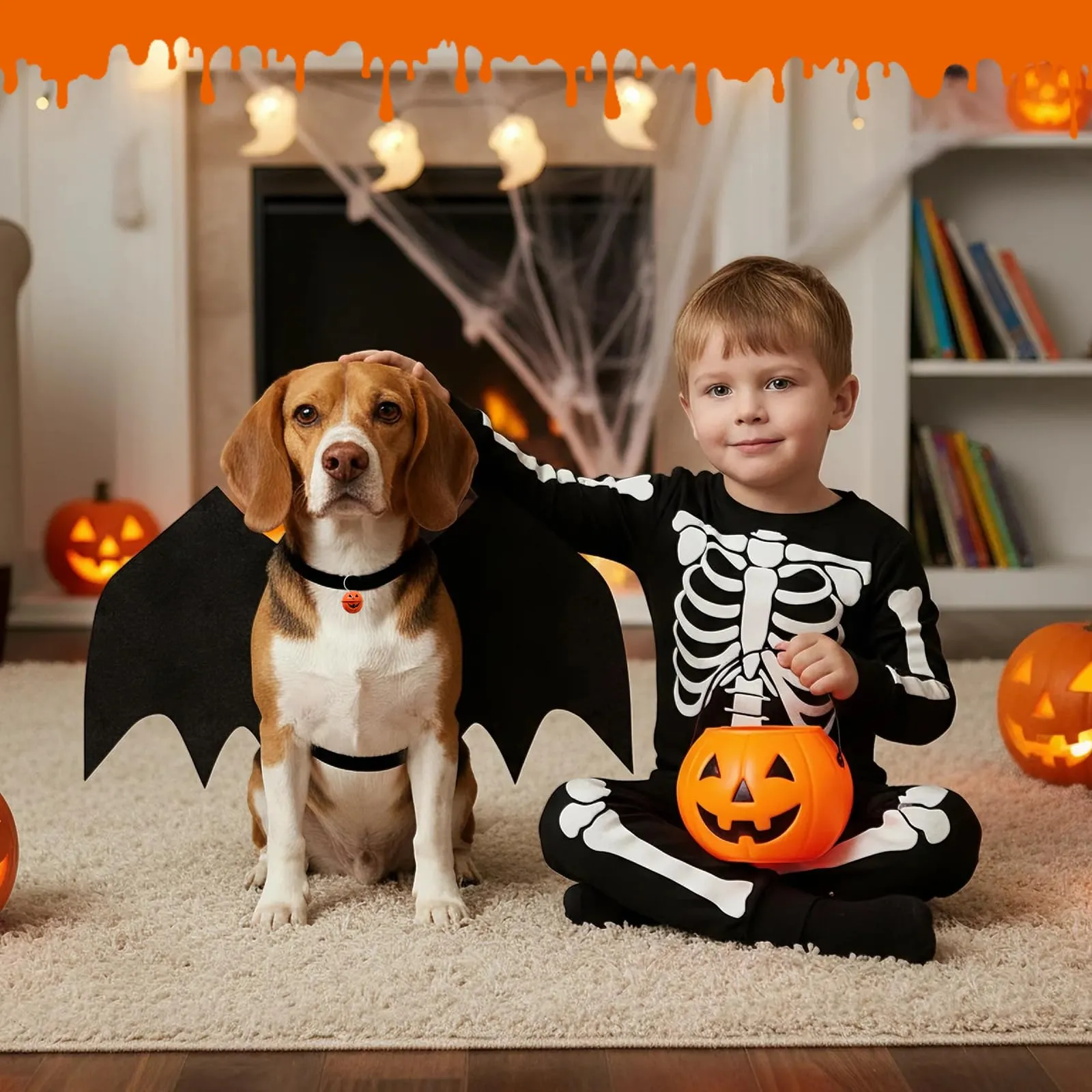 OLANRUN - Costume da Halloween per cani con ali da pipistrello regolabili per cani di taglia media con stampa di zucca e scheletro sulla schiena - Costume da Halloween per cani - immagine 6