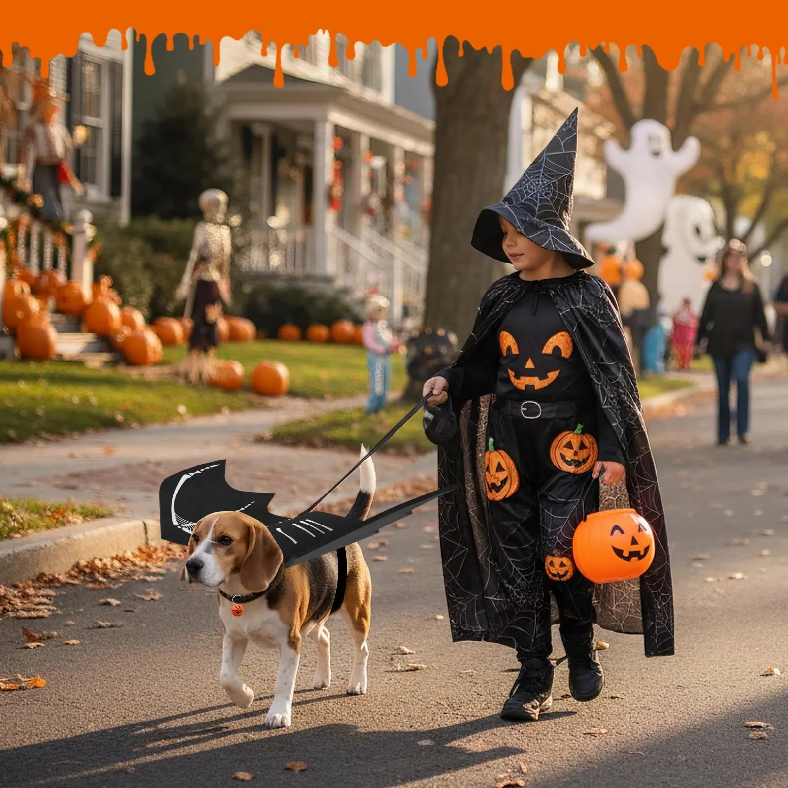 OLANRUN - Costume da Halloween per cani con ali da pipistrello regolabili per cani di taglia media con stampa di zucca e scheletro sulla schiena - Costume da Halloween per cani - immagine 7