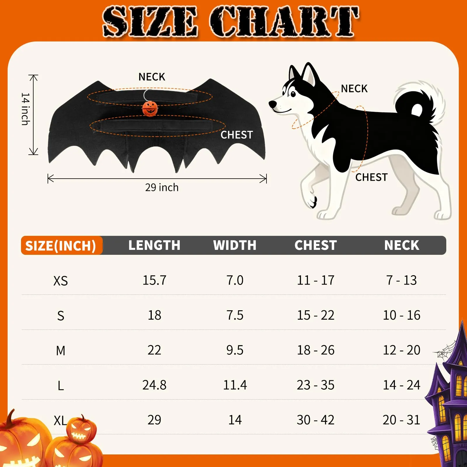 OLANRUN Costume di Halloween per cani di taglia grande, ali di pipistrello regolabili per cani di taglia grande con campana di zucca, stampa scheletro sul retro, costume per animali domestici - immagine 2