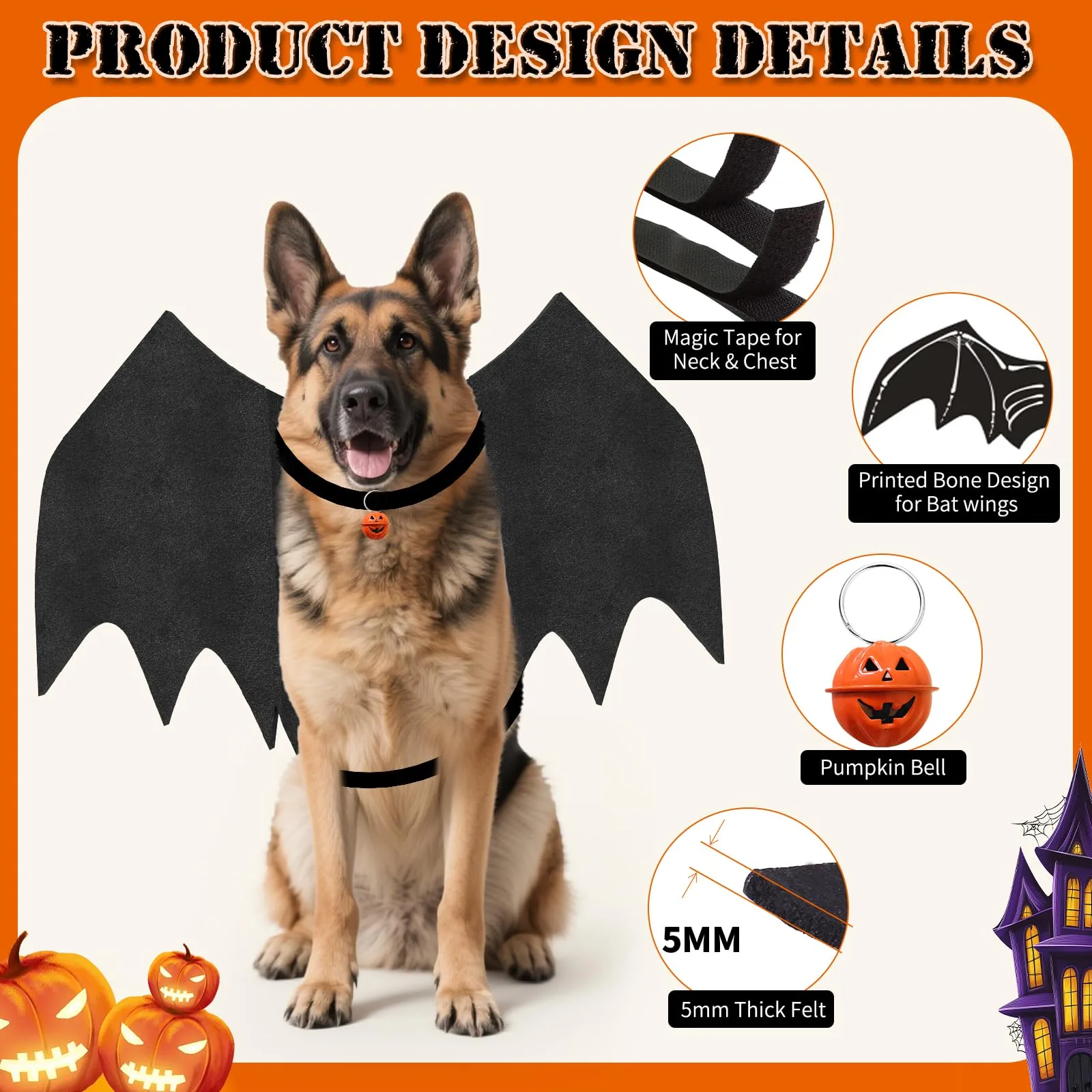 OLANRUN Costume di Halloween per cani di taglia grande, ali di pipistrello regolabili per cani di taglia grande con campana di zucca, stampa scheletro sul retro, costume per animali domestici - immagine 3