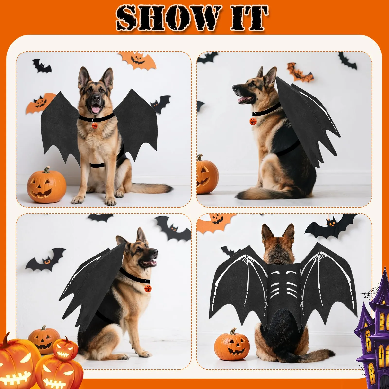 OLANRUN Costume di Halloween per cani di taglia grande, ali di pipistrello regolabili per cani di taglia grande con campana di zucca, stampa scheletro sul retro, costume per animali domestici - immagine 4