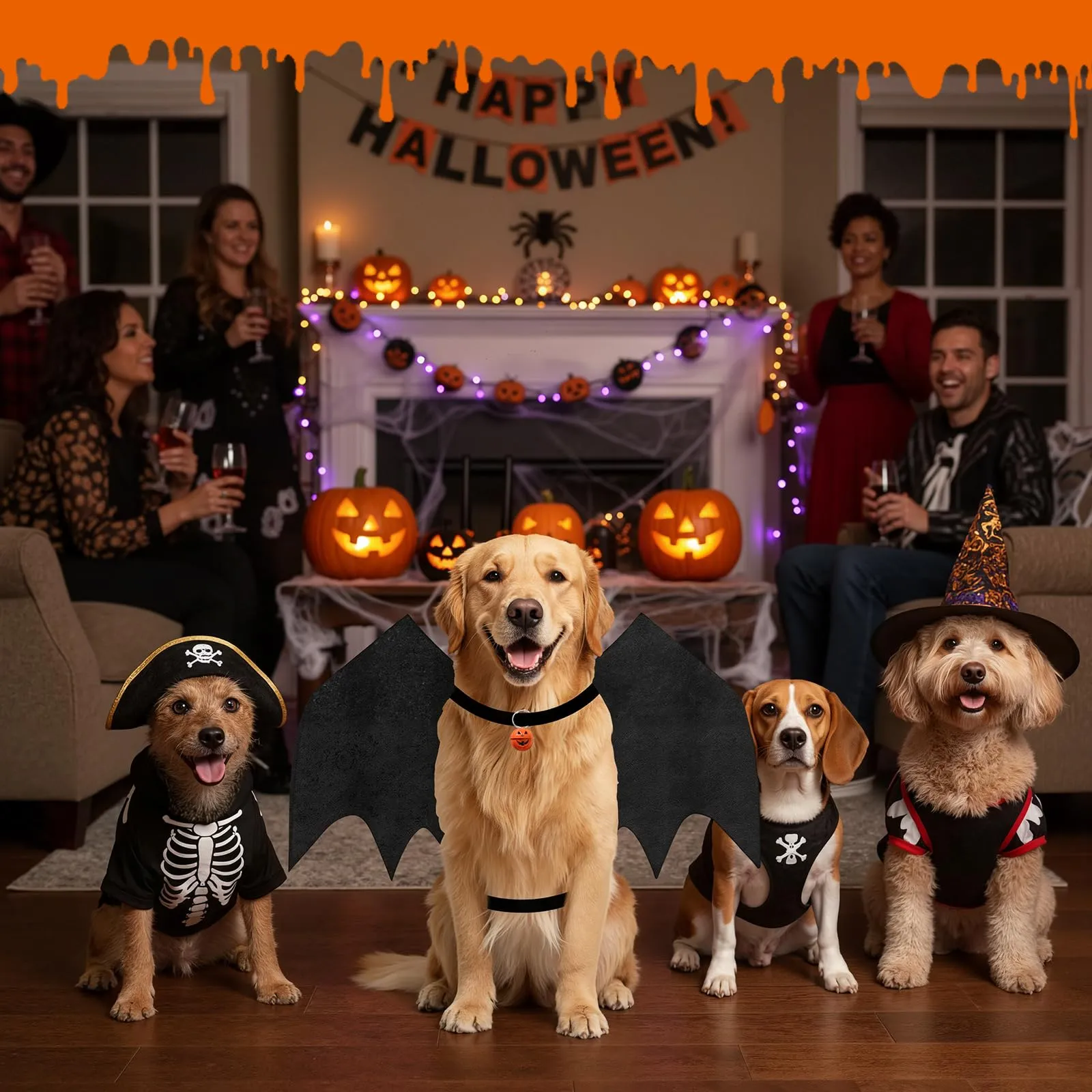 OLANRUN Costume di Halloween per cani di taglia grande, ali di pipistrello regolabili per cani di taglia grande con campana di zucca, stampa scheletro sul retro, costume per animali domestici - immagine 6