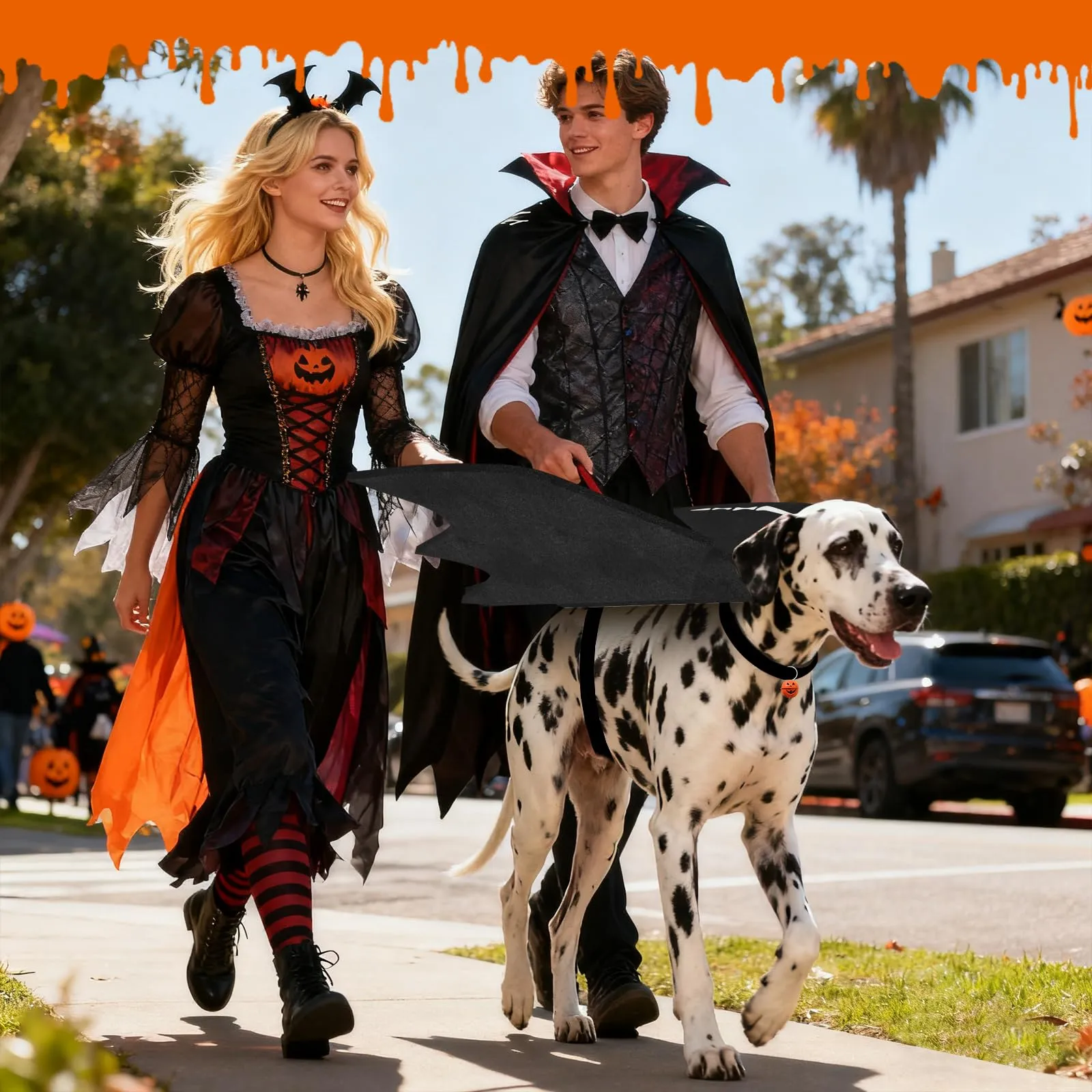 OLANRUN Costume di Halloween per cani di taglia grande, ali di pipistrello regolabili per cani di taglia grande con campana di zucca, stampa scheletro sul retro, costume per animali domestici - immagine 7