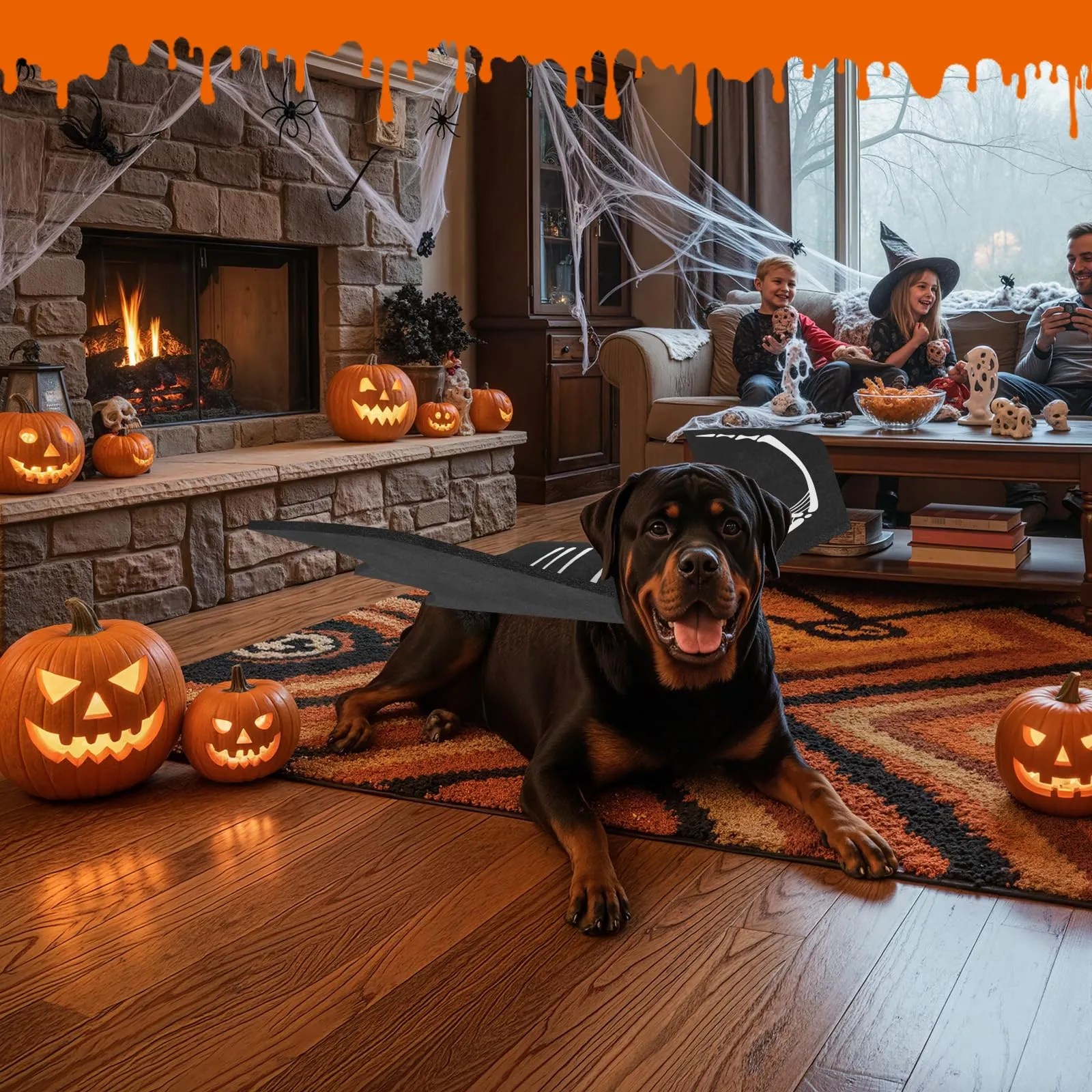 OLANRUN Costume di Halloween per cani di taglia grande, ali di pipistrello regolabili per cani di taglia grande con campana di zucca, stampa scheletro sul retro, costume per animali domestici - immagine 9