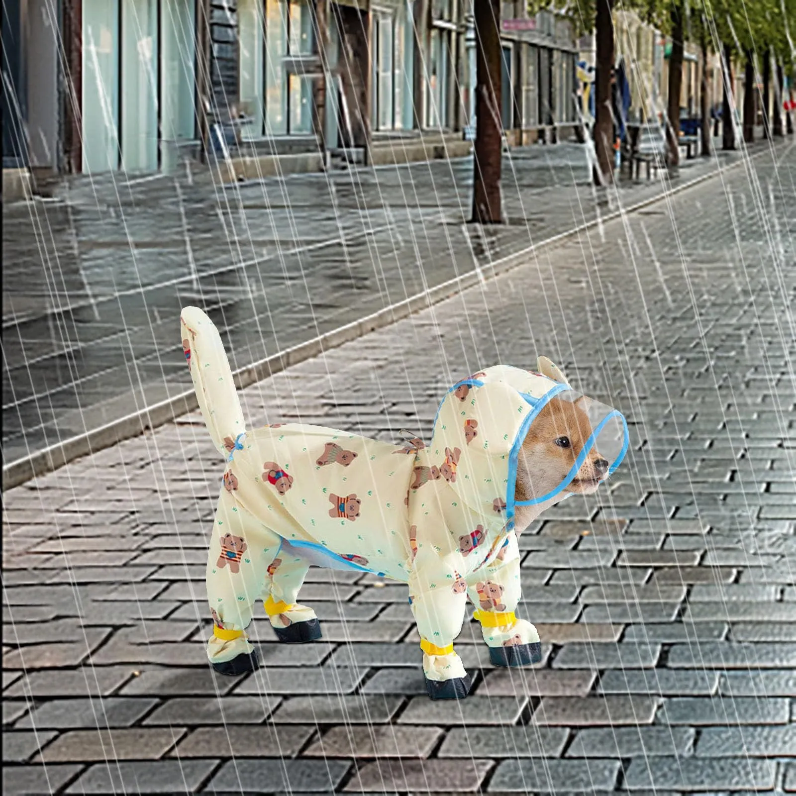 Generisch Impermeabile per cani di piccola taglia, con anello a D, poncho impermeabile con strisce riflettenti, con stivali da pioggia per clima bagnato (giallo, XS) - immagine 3
