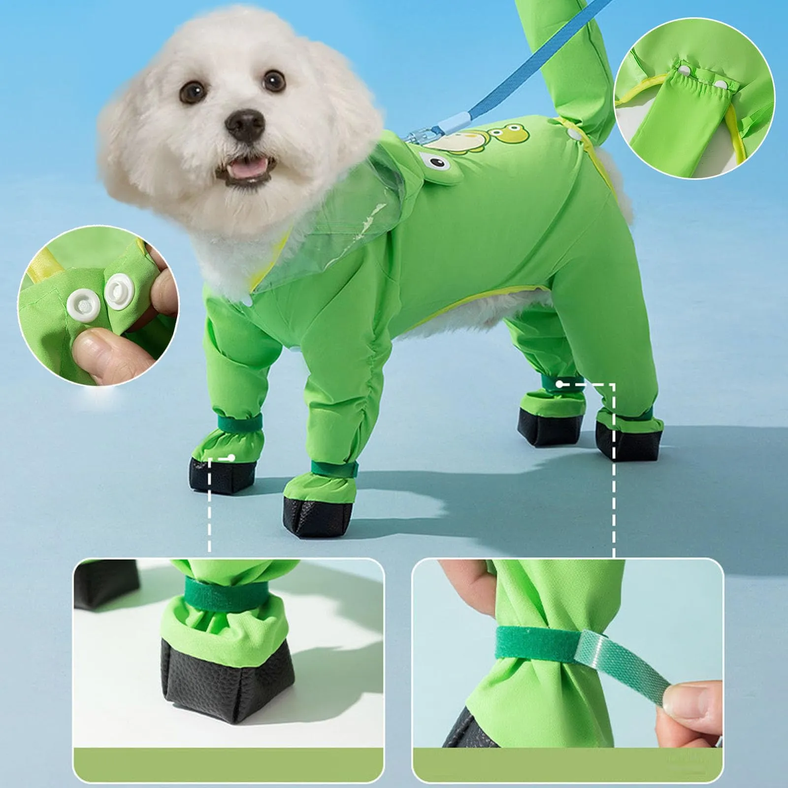 Generisch Impermeabile per cani di piccola taglia, con anello a D, poncho impermeabile con strisce riflettenti, con stivali da pioggia per clima bagnato (S) - immagine 2
