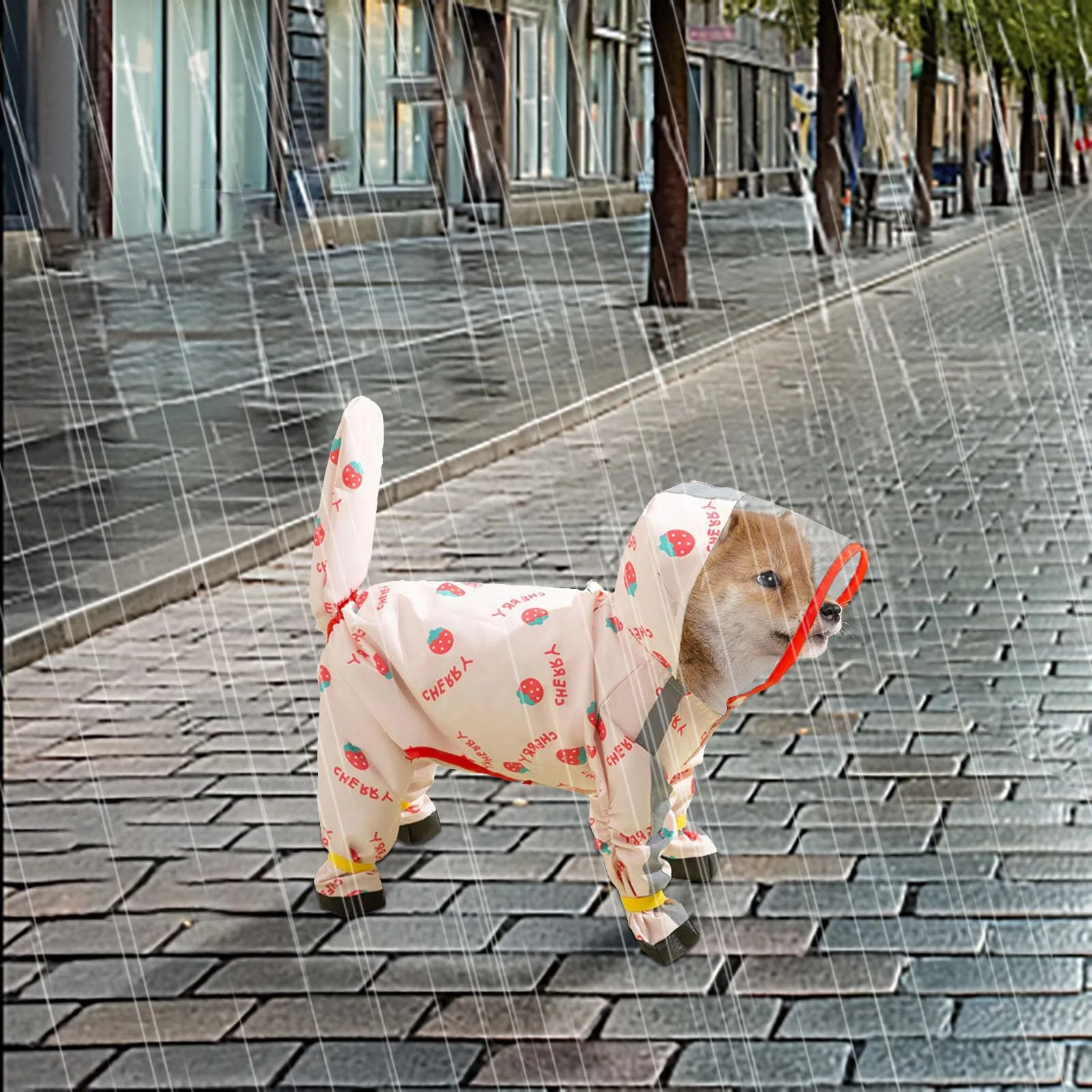 Generisch Impermeabile per cani di piccola taglia, con anello a D, poncho impermeabile con strisce riflettenti, con stivali da pioggia per clima bagnato (S) - immagine 3