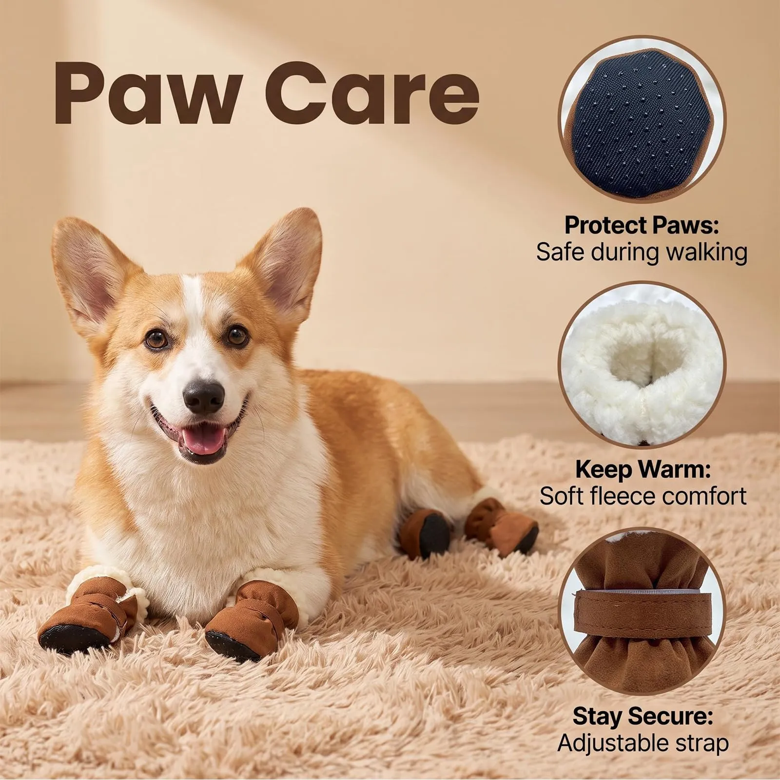 4 Pezzi Scarpette per Cani Morbido e Confortevole Scarpe Cane Marrone 5,5CM - immagine 3