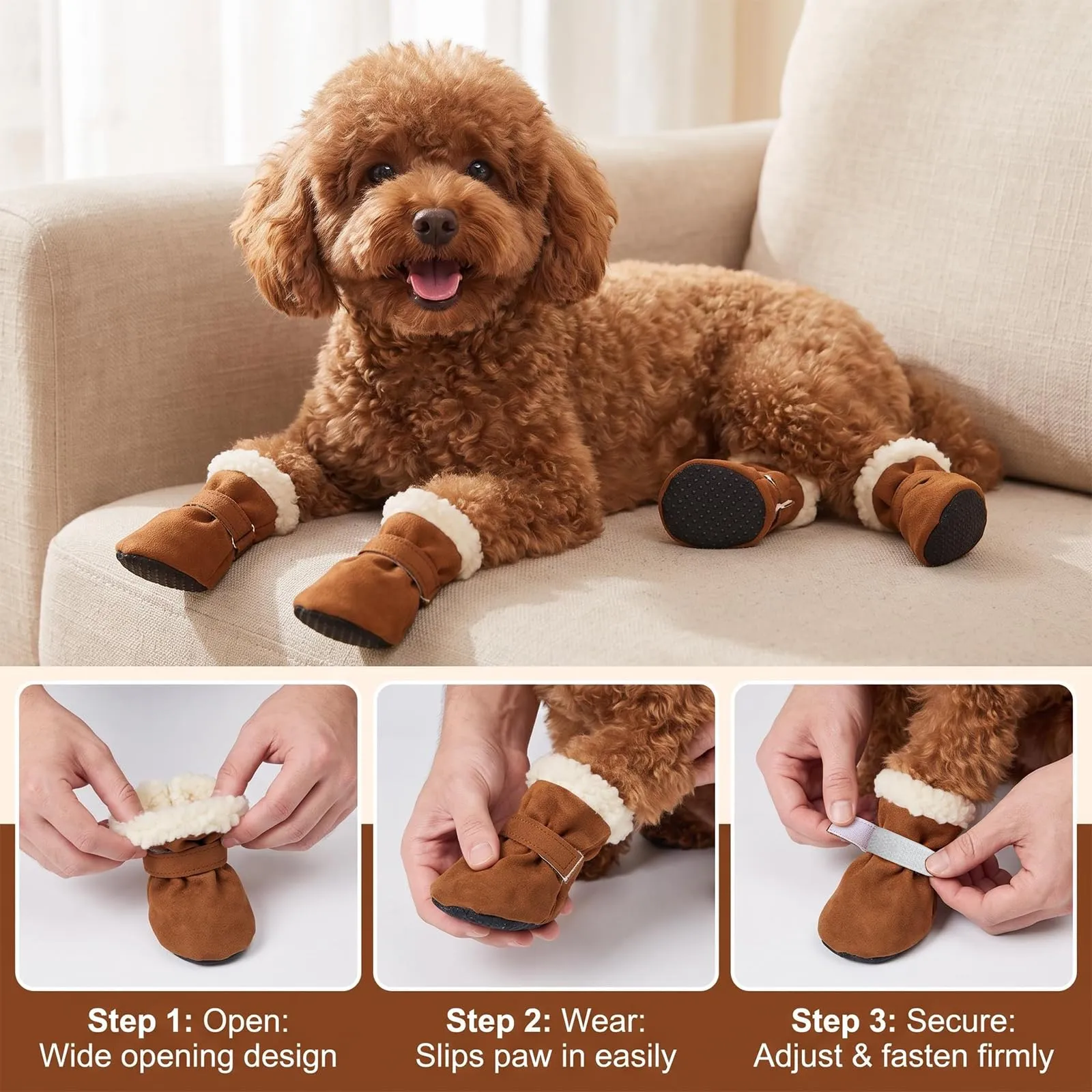 4 Pezzi Scarpette per Cani Morbido e Confortevole Scarpe Cane Marrone 5,5CM - immagine 4