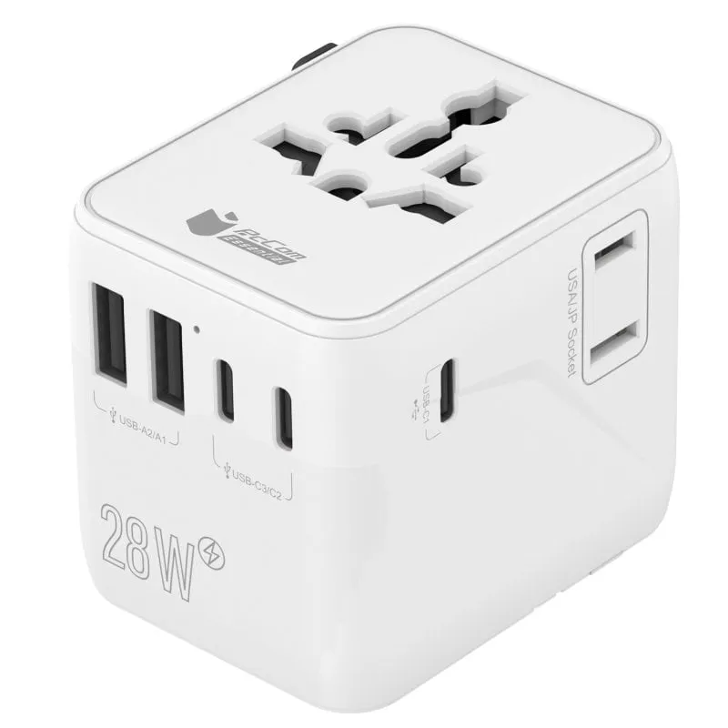 Adattatore da viaggio universale PcCom Essential 28W 3x USB-C 2x USB-A Bianco - immagine 1