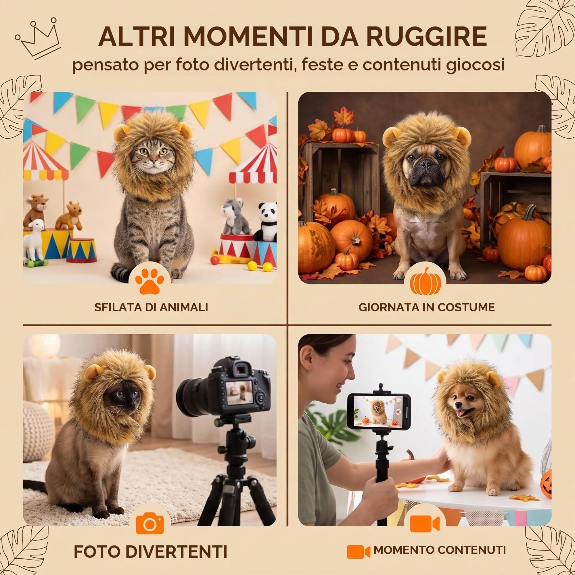 IMLDUY Criniera di Leone per Gatti e Cani Piccoli - Parrucca Morbida per Travestimento Animali Domestici - Costume Divertente per Carnevale, Feste e Cosplay - Accessorio Regolabile per Cuccioli - immagine 6