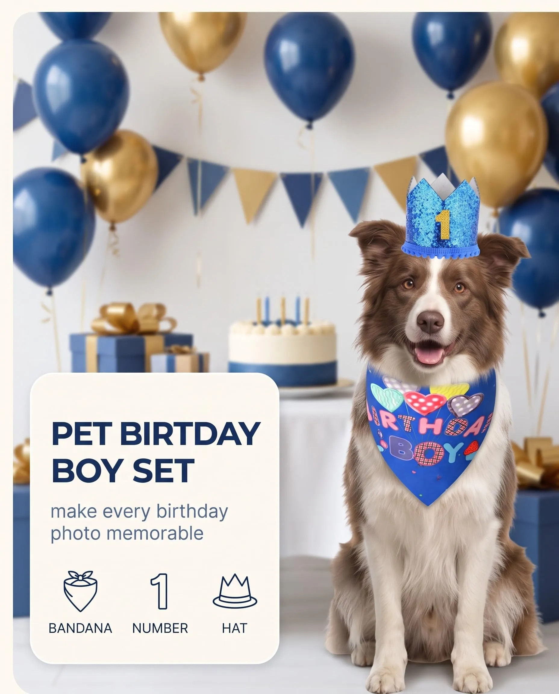 JIRVEX 3 Pezzi Set Compleanno Cane Maschio Bandana Birthday Boy Blu Cappellino Cane con Numeri 1-9 Decorazioni Festa e Foto - immagine 2