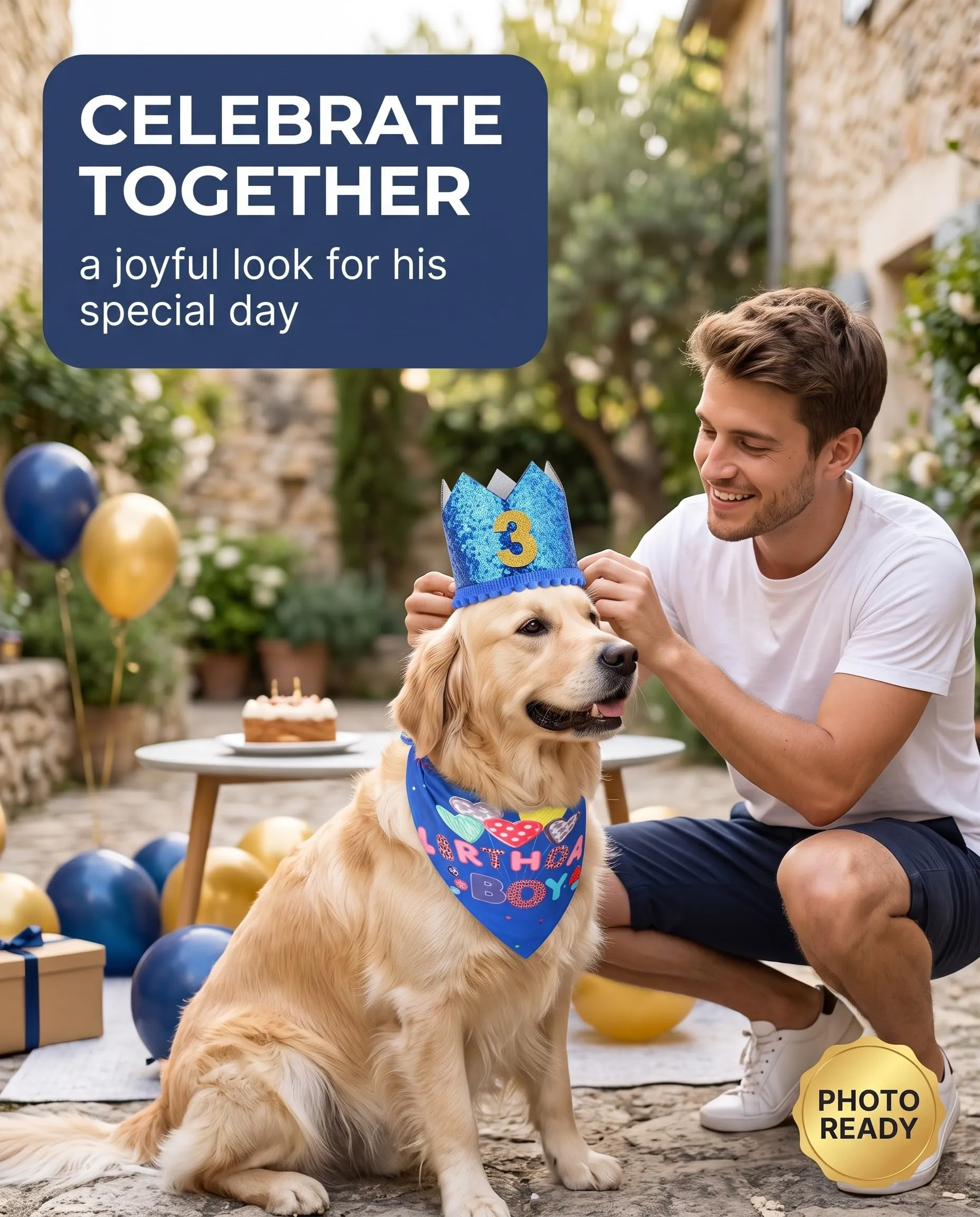 JIRVEX 3 Pezzi Set Compleanno Cane Maschio Bandana Birthday Boy Blu Cappellino Cane con Numeri 1-9 Decorazioni Festa e Foto - immagine 3