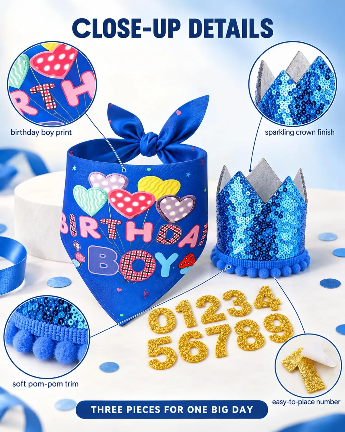 JIRVEX 3 Pezzi Set Compleanno Cane Maschio Bandana Birthday Boy Blu Cappellino Cane con Numeri 1-9 Decorazioni Festa e Foto - immagine 6