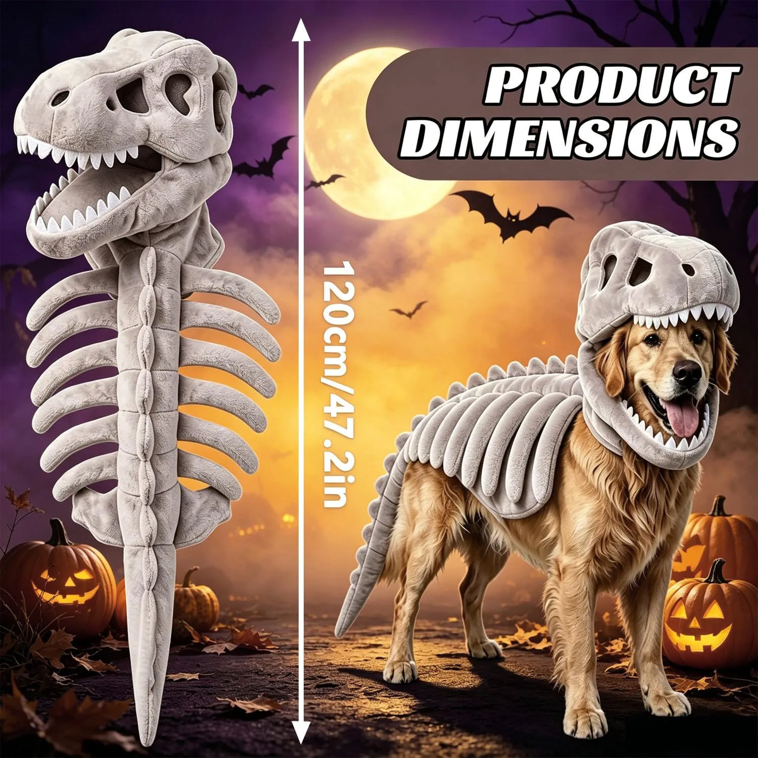 Costume da scheletro di dinosauro per cani, 120cm Costume da Dinosauro di Peluche per cani, Costume Da Scheletro Di Dinosauro Gatto Di Halloween, Spinosaurus Plush Dino Outfit, per Halloween, foto - immagine 2