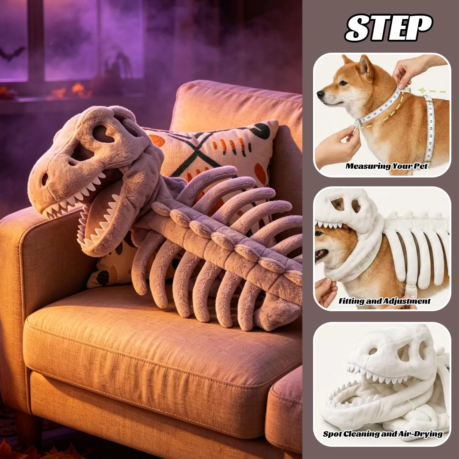 Costume da scheletro di dinosauro per cani, 120cm Costume da Dinosauro di Peluche per cani, Costume Da Scheletro Di Dinosauro Gatto Di Halloween, Spinosaurus Plush Dino Outfit, per Halloween, foto - immagine 4