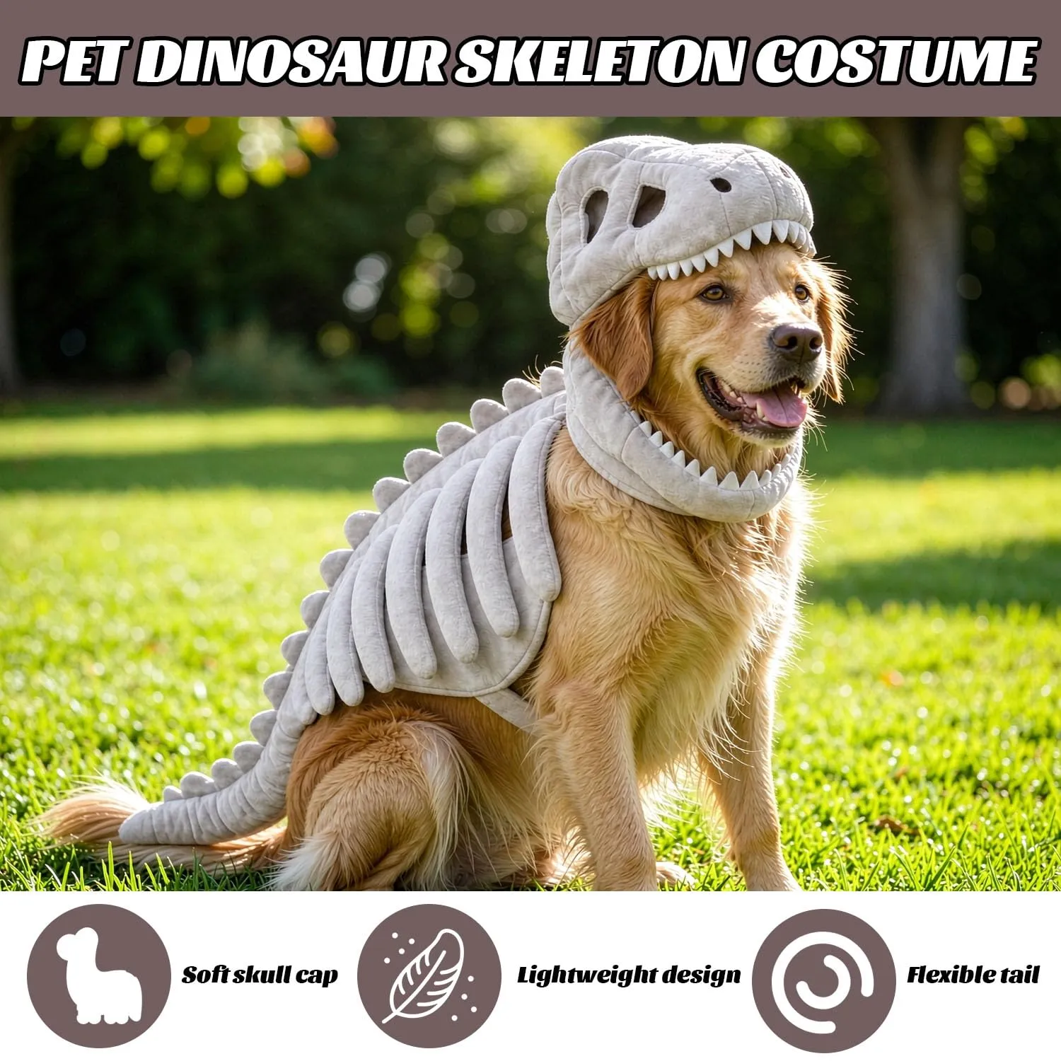 Costume da scheletro di dinosauro per cani, 120cm Costume da Dinosauro di Peluche per cani, Costume Da Scheletro Di Dinosauro Gatto Di Halloween, Spinosaurus Plush Dino Outfit, per Halloween, foto - immagine 5