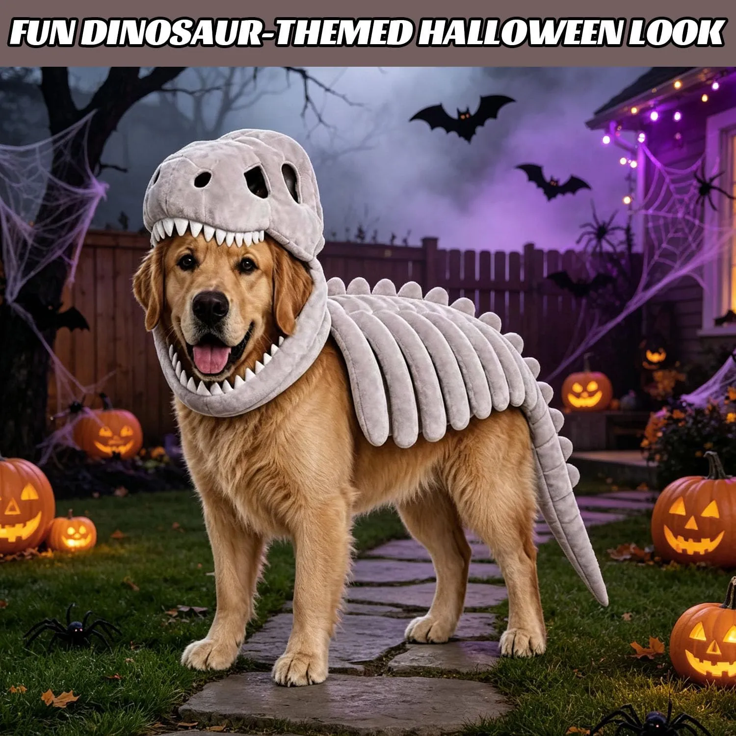 Costume da scheletro di dinosauro per cani, 120cm Costume da Dinosauro di Peluche per cani, Costume Da Scheletro Di Dinosauro Gatto Di Halloween, Spinosaurus Plush Dino Outfit, per Halloween, foto - immagine 6