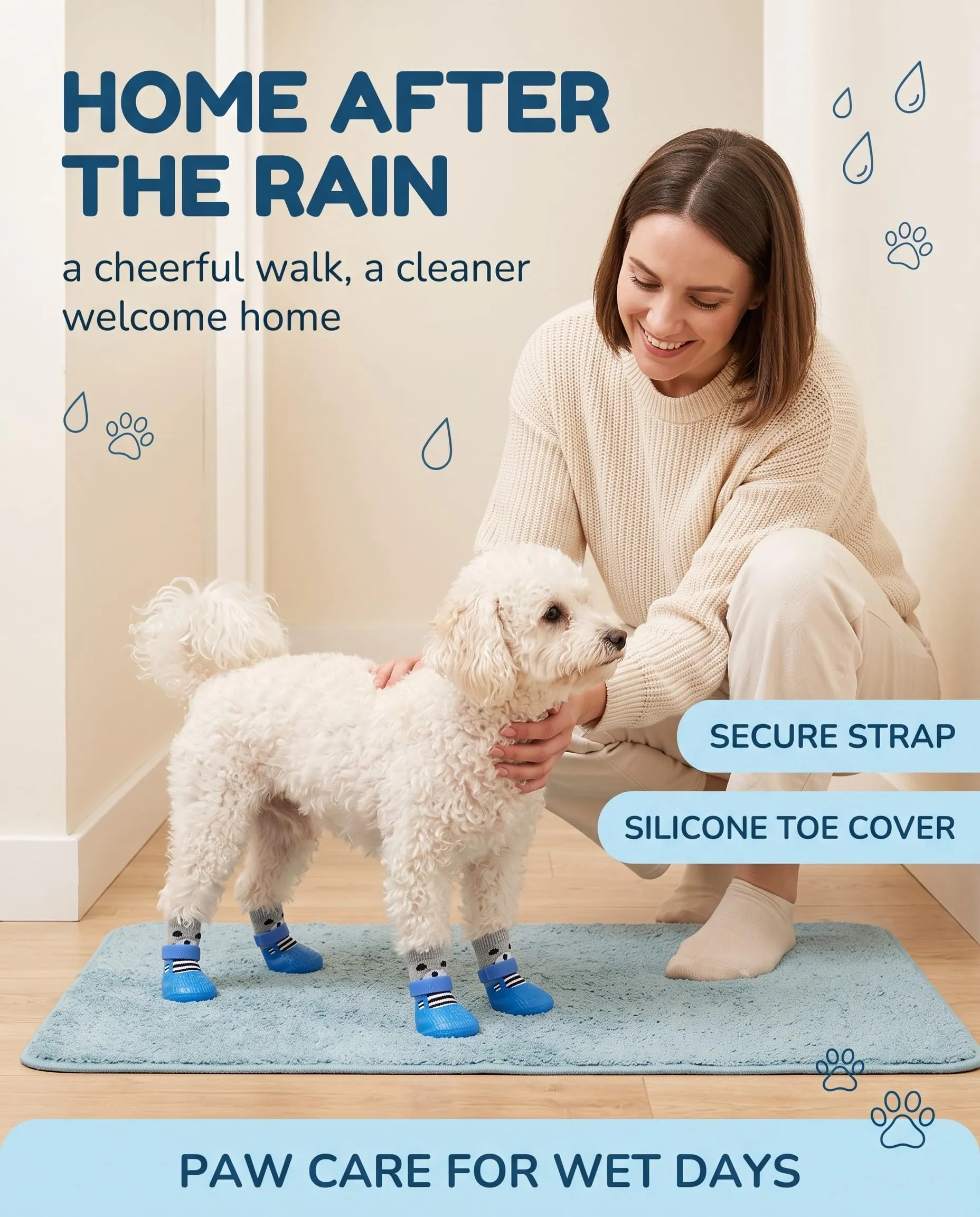QEDBOJE Calzini per Cani, 2 Paia Impermeabili e Antiscivolo, Regolabili e Lavabili, Scarpe Resistente con Silicone, Protezioni Zampe per Passeggiate all'Aperto per Cani di Piccola e Media Taglia (blu) - immagine 2