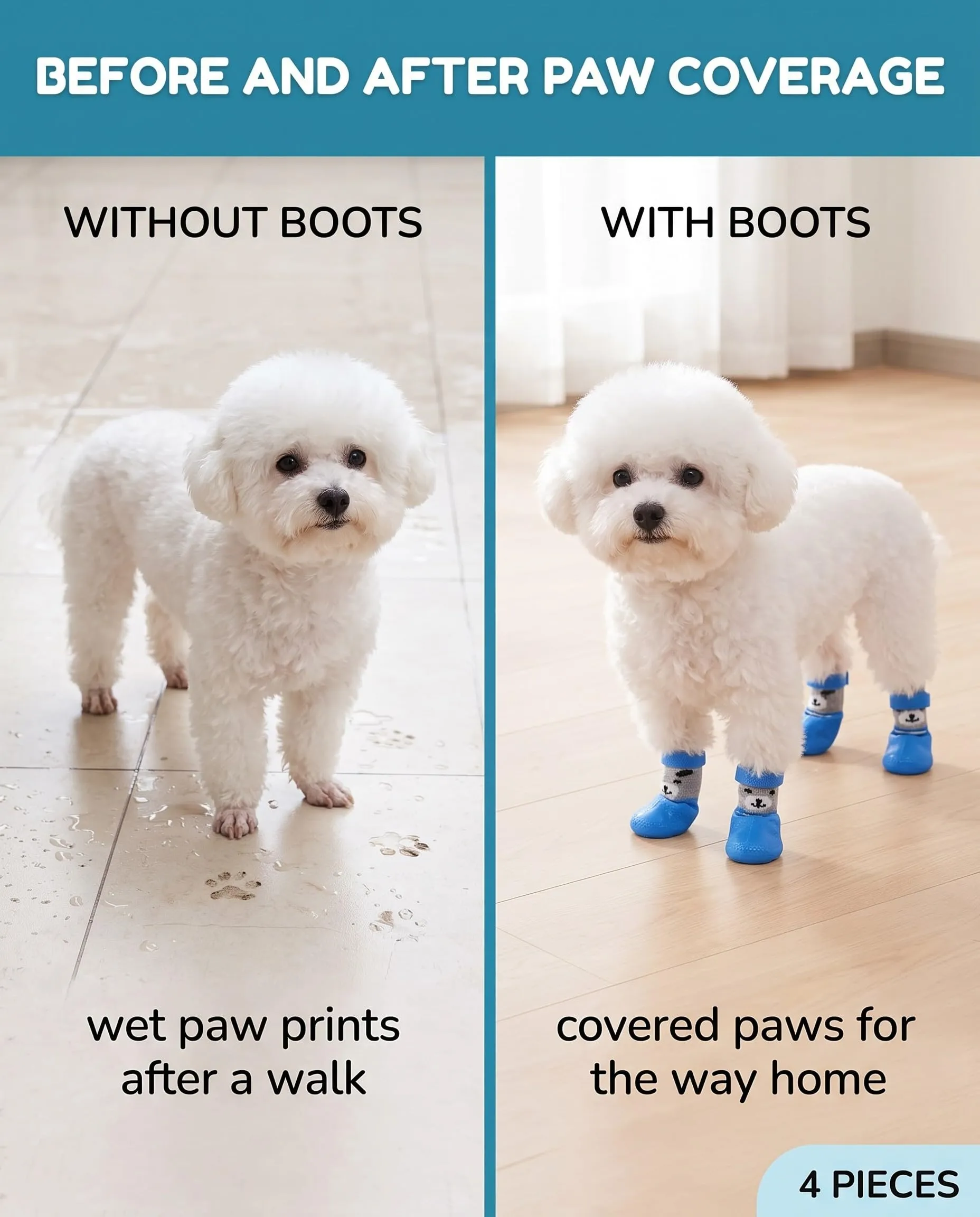QEDBOJE Calzini per Cani, 2 Paia Impermeabili e Antiscivolo, Regolabili e Lavabili, Scarpe Resistente con Silicone, Protezioni Zampe per Passeggiate all'Aperto per Cani di Piccola e Media Taglia (blu) - immagine 3