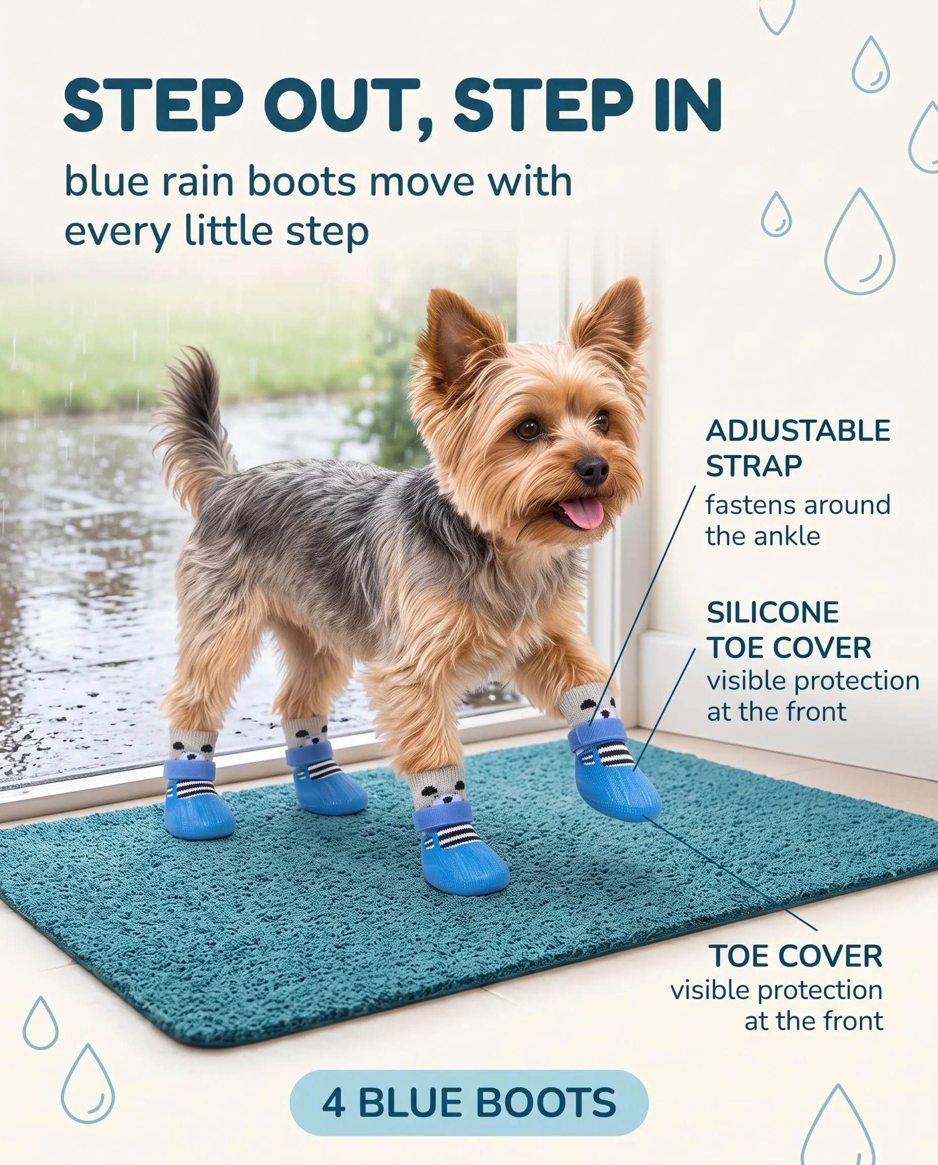 QEDBOJE Calzini per Cani, 2 Paia Impermeabili e Antiscivolo, Regolabili e Lavabili, Scarpe Resistente con Silicone, Protezioni Zampe per Passeggiate all'Aperto per Cani di Piccola e Media Taglia (blu) - immagine 4