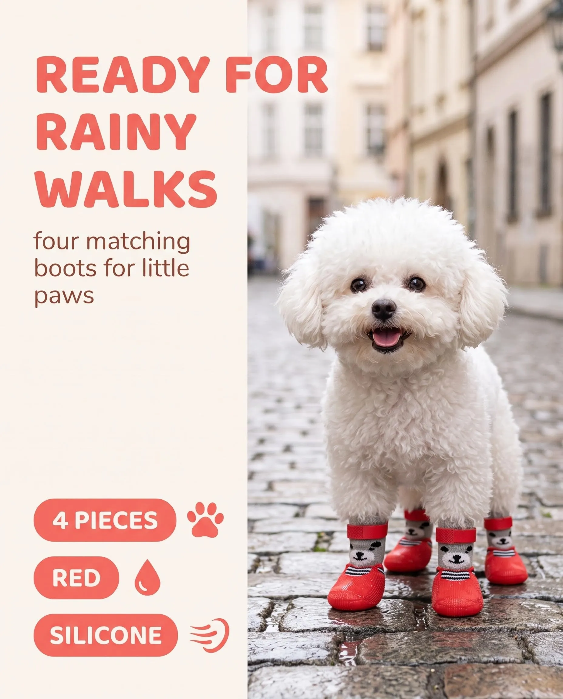 QEDBOJE Calzini per Cani,2 Paia Impermeabili e Antiscivolo,Regolabili e Lavabili,Scarpe Resistente con Silicone,Protezioni Zampe per Passeggiate all'Aperto per Cani di Piccola e Media Taglia (rossi) - immagine 2