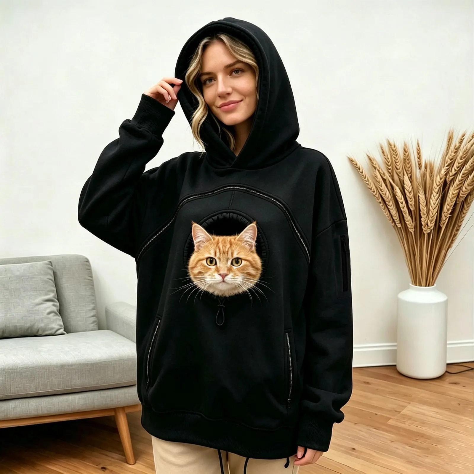 Generico Invernali Cotone Donna Peluche Gatti Marsupio in con Animali per E Pullover Casual Invernale Unisex Casa All'aperto Felpa Porta Gatto Cane Felpa con Tasca per Donna Cani Felpe per Cappuccio - immagine 4