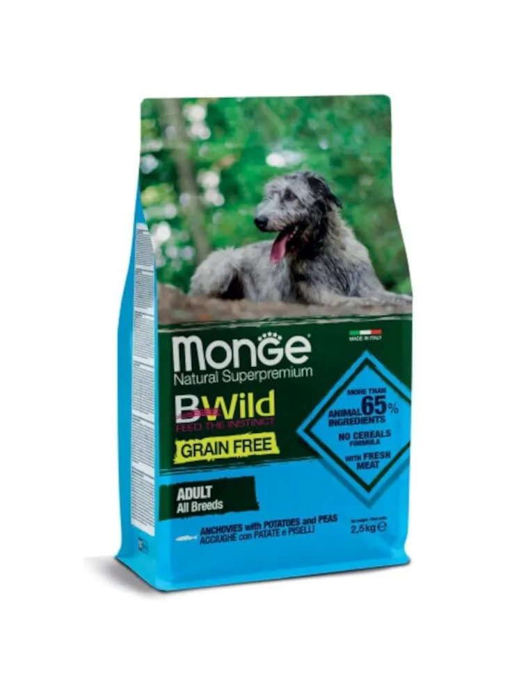 Monge BWILD Adult ANCHOVIES, Cibo per Cani per Tutte Le Razze (Cibo Secco per Cani con acciughe, Patate e Piselli, pochi Cereali, Molto Ricco di Fibre e vitamine, Contenuto: 2,5 kg) - immagine 1