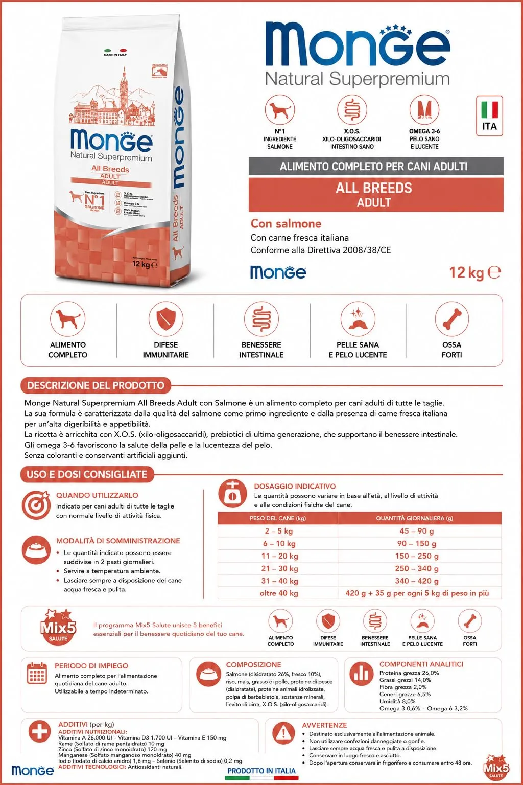 MONGE ALL BREED PUPPY & JUNIOR 12 KG (SALMONE E RISO) - Crocchette Super Premium al Salmone per cuccioli di cane, monoproteico, naturale al 100% - immagine 3