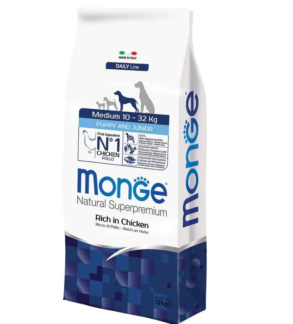 MONGE MEDIUM PUPPY & JUNIOR 12 KG (POLLO) - Crocchette Super Premium al Pollo per cuccioli di cane, naturale al 100% - immagine 1