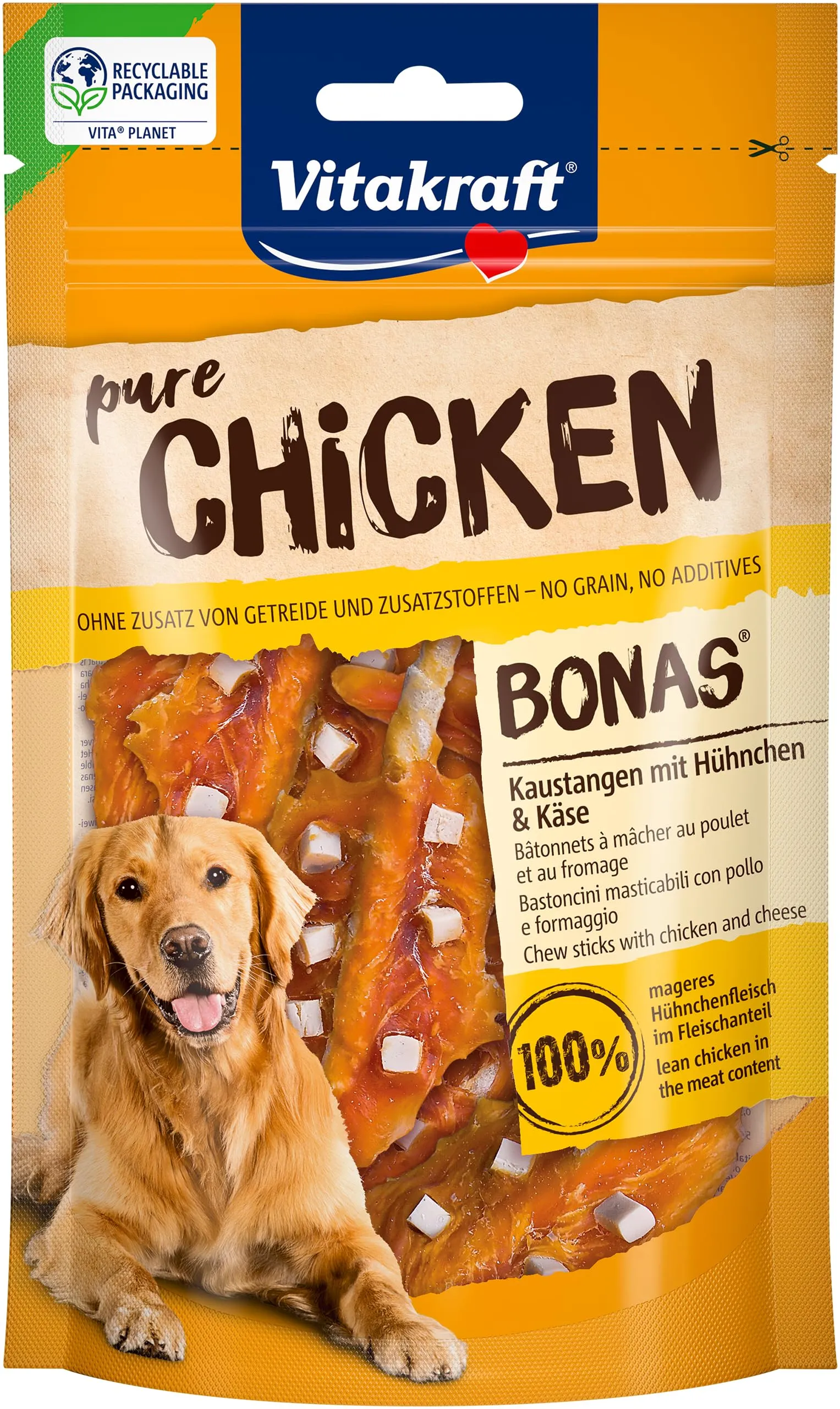 Vitakraft Pure Chicken Bonas, snack cane, bastoncini da masticare con pollo e formaggio, snack per l’addestramento del cane, senza zuccheri aggiunti (7x 80g) - immagine 4
