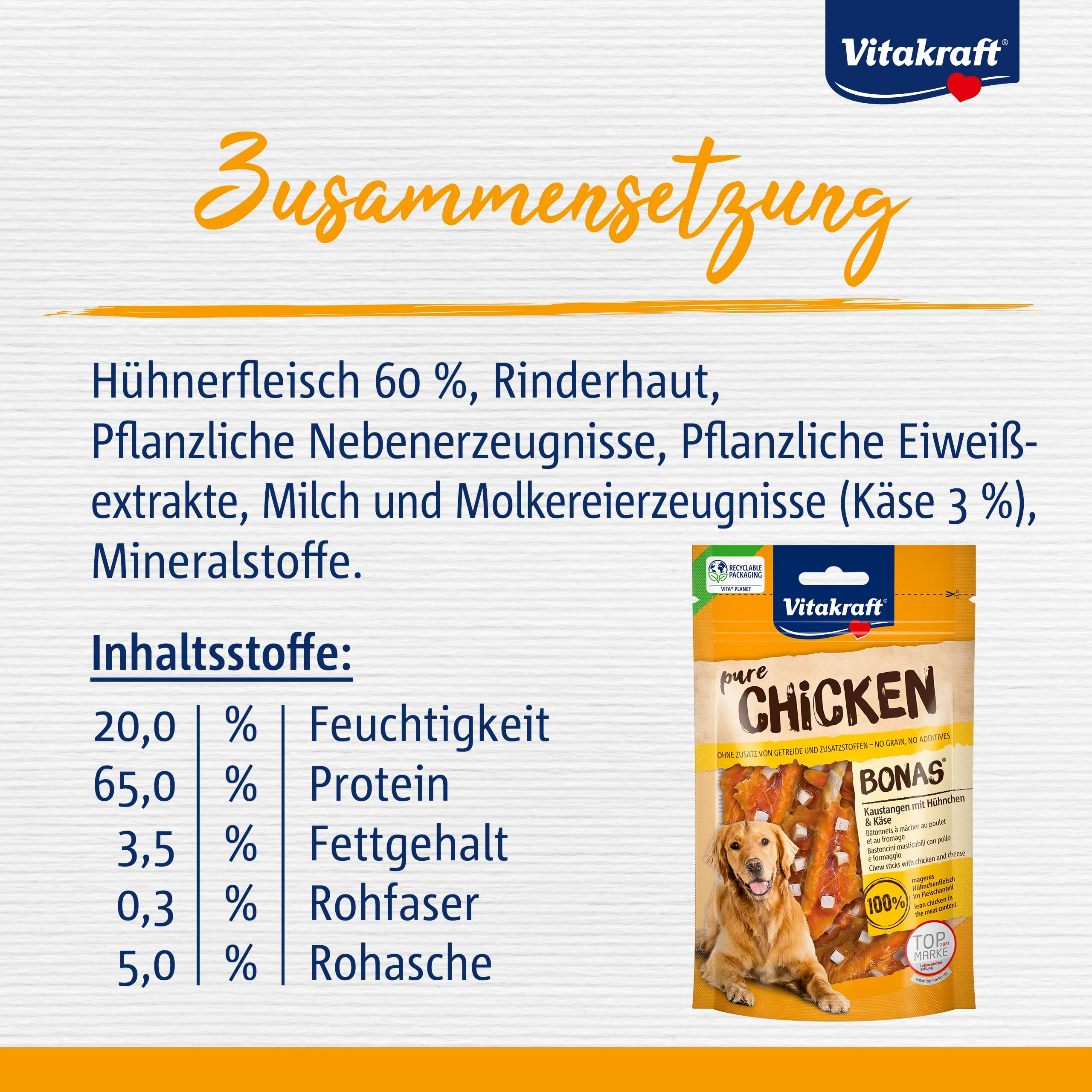 Vitakraft Pure Chicken Bonas, snack cane, bastoncini da masticare con pollo e formaggio, snack per l’addestramento del cane, senza zuccheri aggiunti (7x 80g) - immagine 5