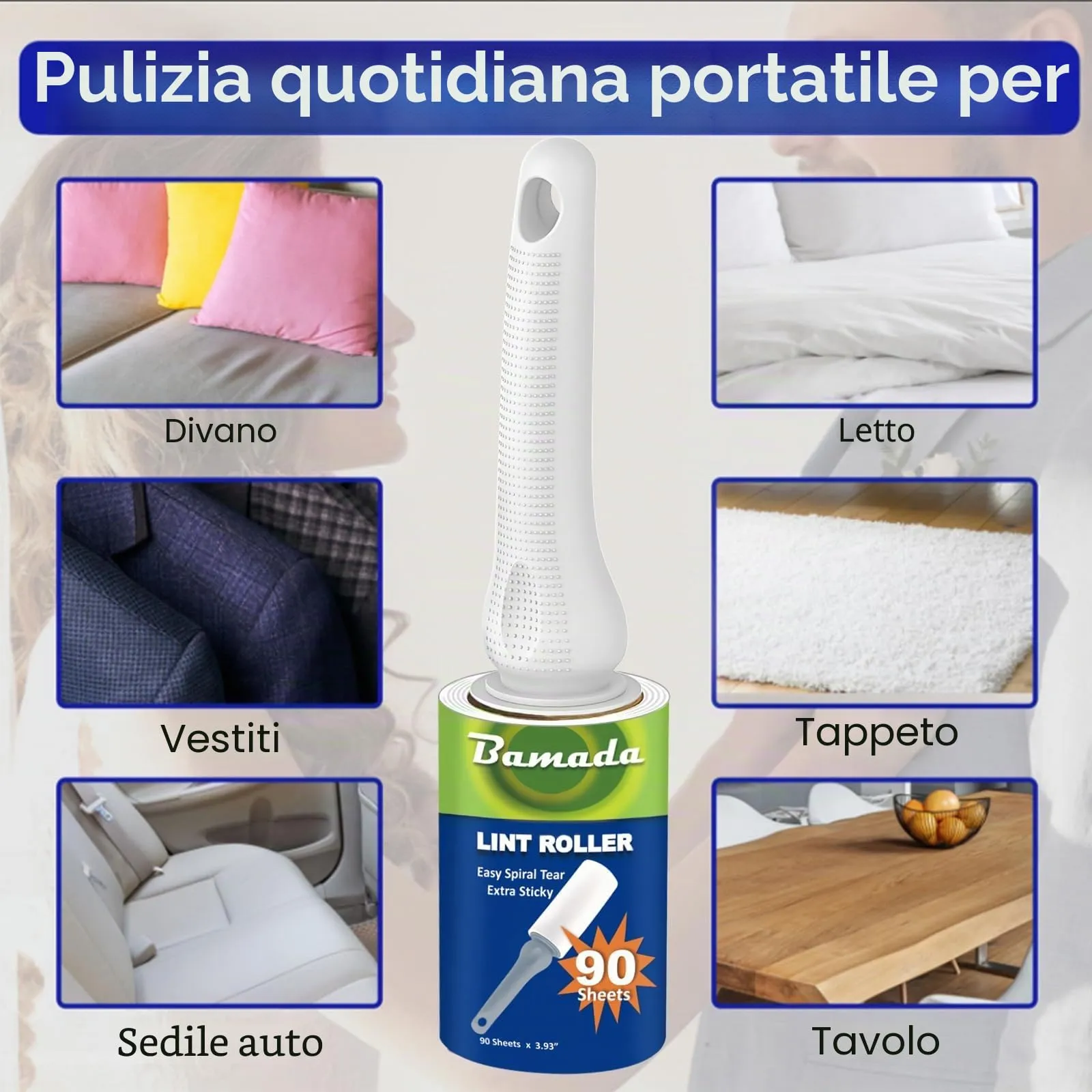 Rullo peli animali, extra appiccicosi 540 fogli, 90 fogli per leva pelucchi, spazzola togli peli animali/rulli di pelucchi/spazzola peli gatto/spazzola peli cane (Bianco) - immagine 7