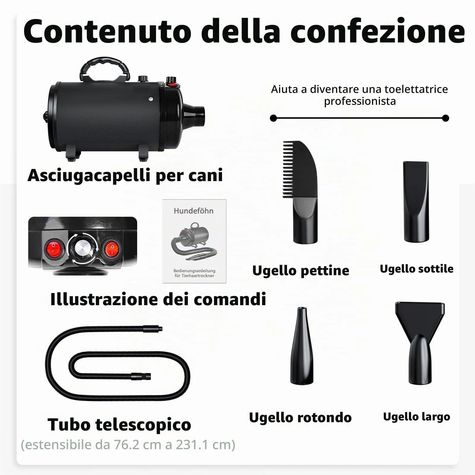 Trigrand Soffiatore per Cani 3000W Blower Molto Silenzioso velocità Regolabile, Ventilatore per la Cura del Cane con 4 Diversi ugelli e Tubo Elastico - immagine 6