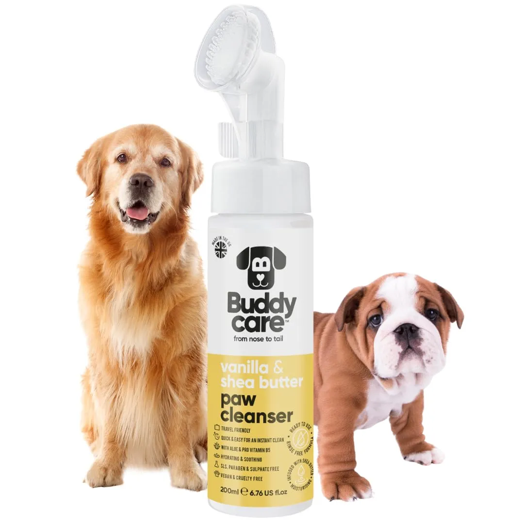 Buddycare Detergente per zampe di cane profumato alla vaniglia e al burro di karité, 200 ml, senza risciacquo, detergente per zampe senza acqua, soluzione delicata per zampe fangose, adatto a tutte le - immagine 1