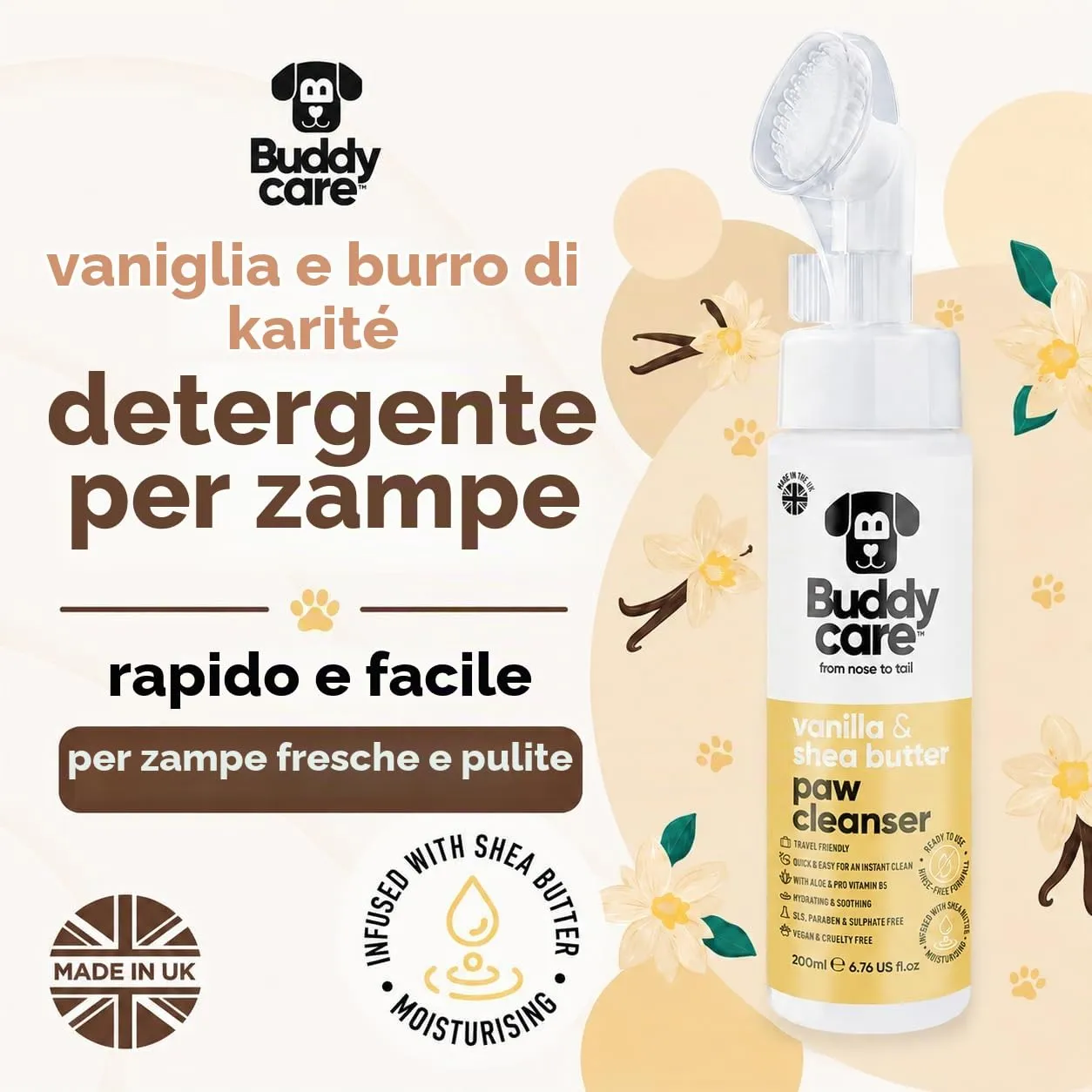 Buddycare Detergente per zampe di cane profumato alla vaniglia e al burro di karité, 200 ml, senza risciacquo, detergente per zampe senza acqua, soluzione delicata per zampe fangose, adatto a tutte le - immagine 2
