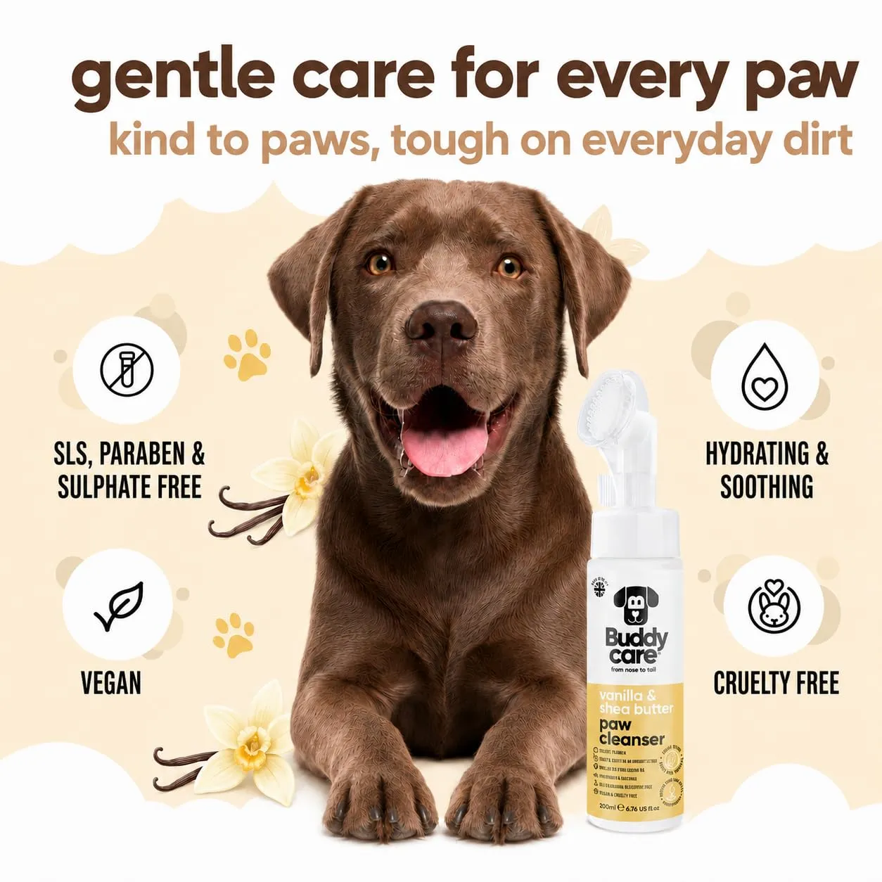 Buddycare Detergente per zampe di cane profumato alla vaniglia e al burro di karité, 200 ml, senza risciacquo, detergente per zampe senza acqua, soluzione delicata per zampe fangose, adatto a tutte le - immagine 3