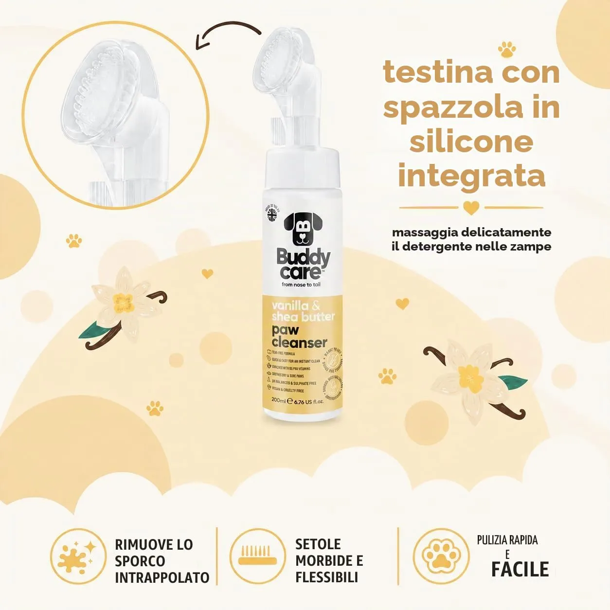 Buddycare Detergente per zampe di cane profumato alla vaniglia e al burro di karité, 200 ml, senza risciacquo, detergente per zampe senza acqua, soluzione delicata per zampe fangose, adatto a tutte le - immagine 5