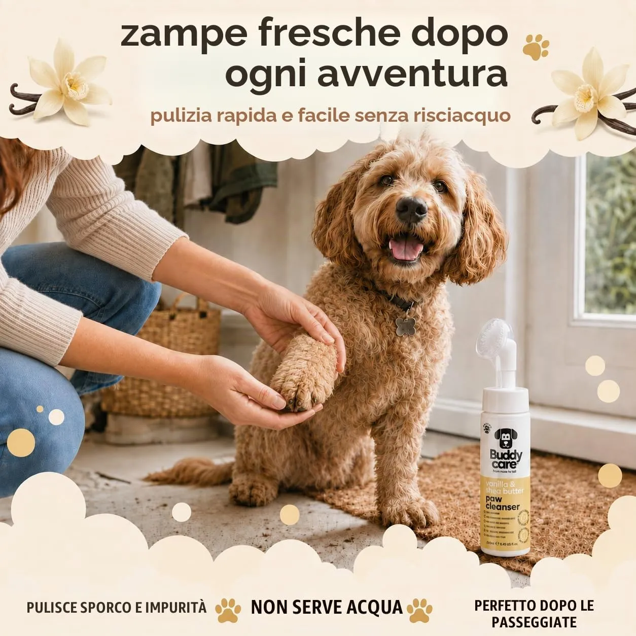 Buddycare Detergente per zampe di cane profumato alla vaniglia e al burro di karité, 200 ml, senza risciacquo, detergente per zampe senza acqua, soluzione delicata per zampe fangose, adatto a tutte le - immagine 6